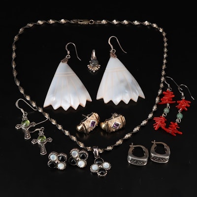Sterling Earrings, Necklace & Pendant Including Mother-of-Pearl, Coral