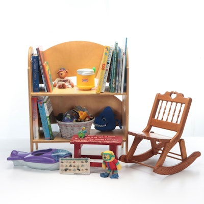 Children's Bookshelf with Books, Rocking Chair, Stool and Toys, Vintage