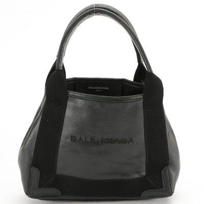 Balenciaga XS Cabas Two-Way Tote in Black Leather and Canvas Trim With Pouch