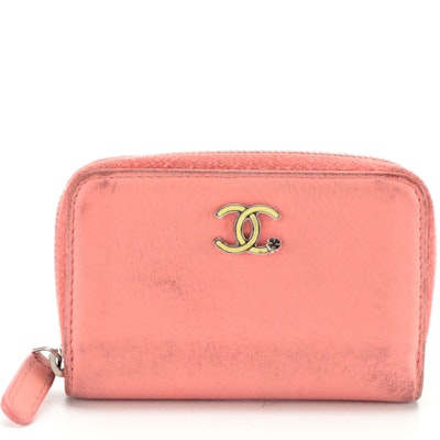 Chanel CC Lucky Clover Zip-Around Card Holder in Coral Pink Leather, With Box
