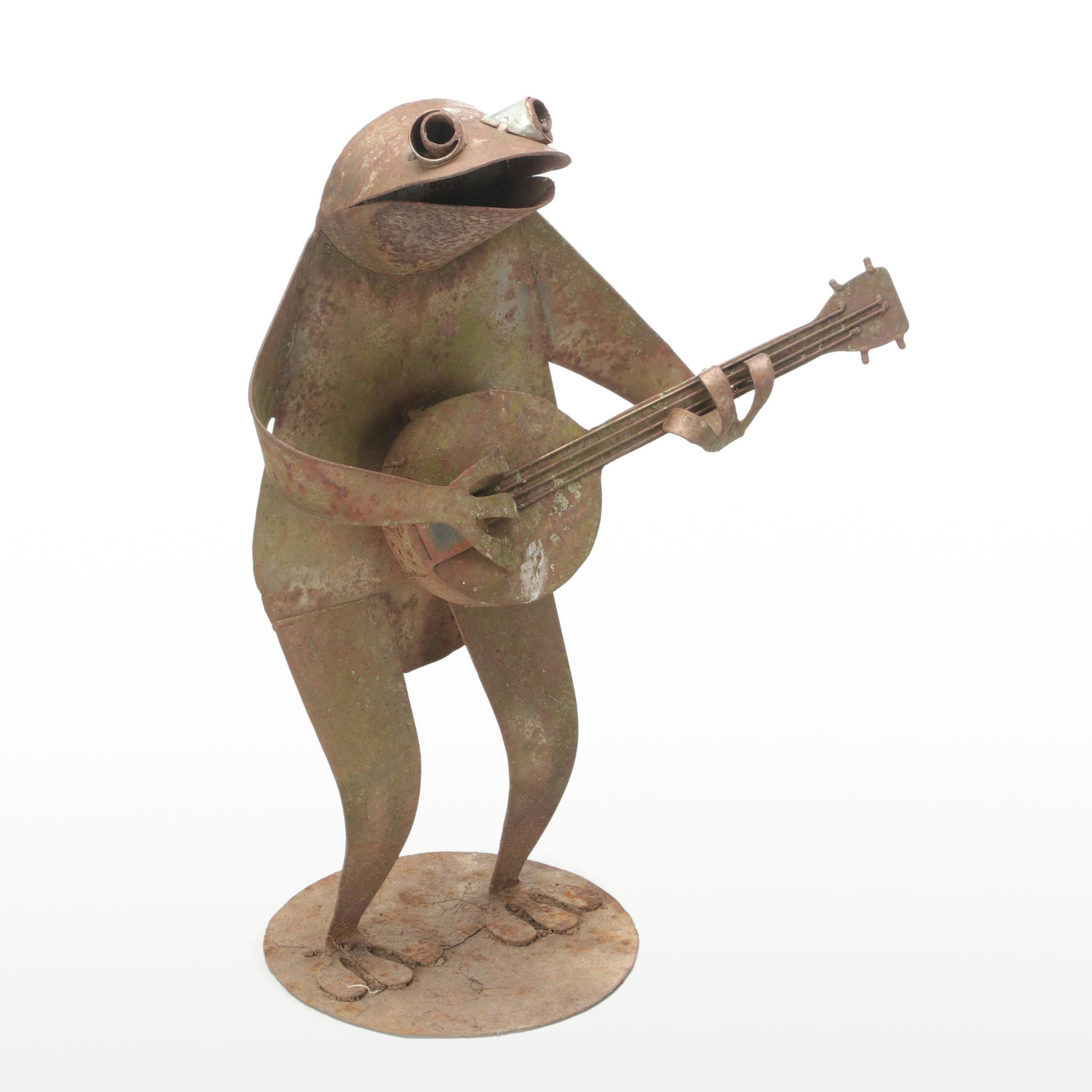 Scrap Metal Folk Art Sculpture of a Frog Playing a Banjo
