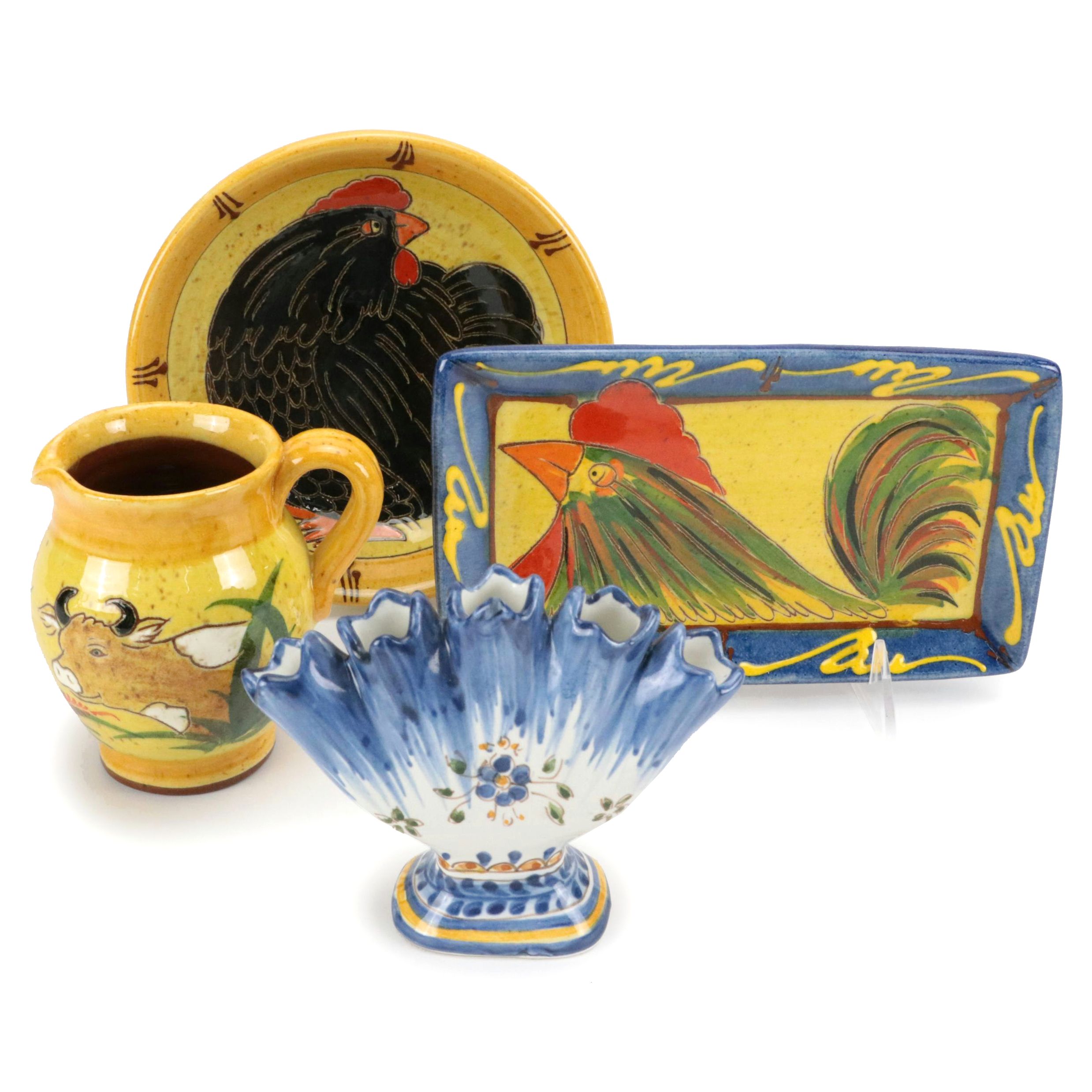 Keif Pottery German Chicken Dish and Bowl with Cow Creamer and Other Vase