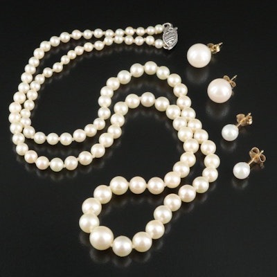 14K Pearl Stud Earrings and Graduated Necklace