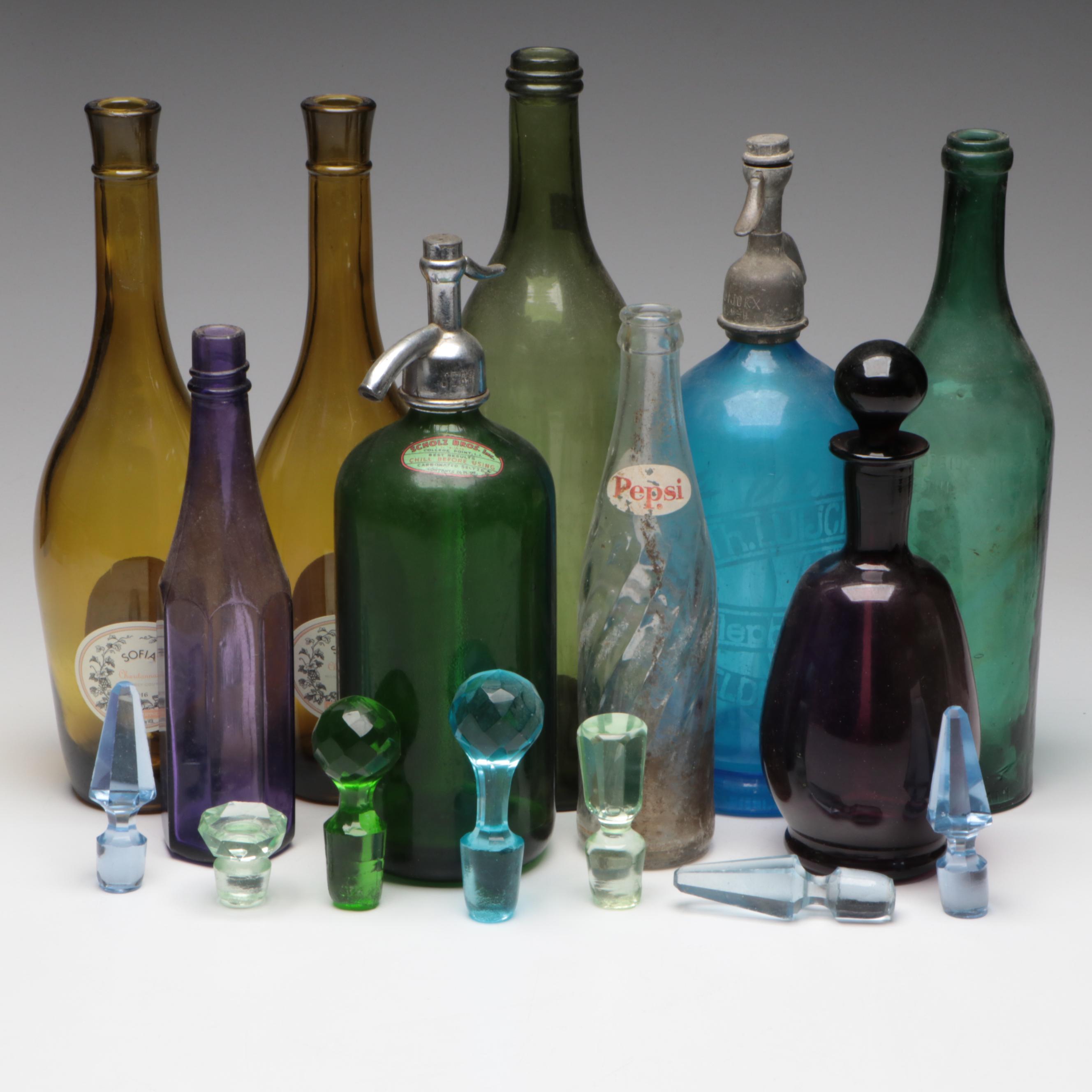 Art Deco Style Seltzer with Other Bottles and Stoppers