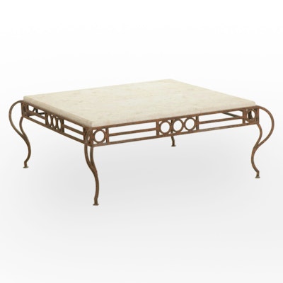 Mediterranean Style Wrought Iron Framed Coffee Table with Stone Top.