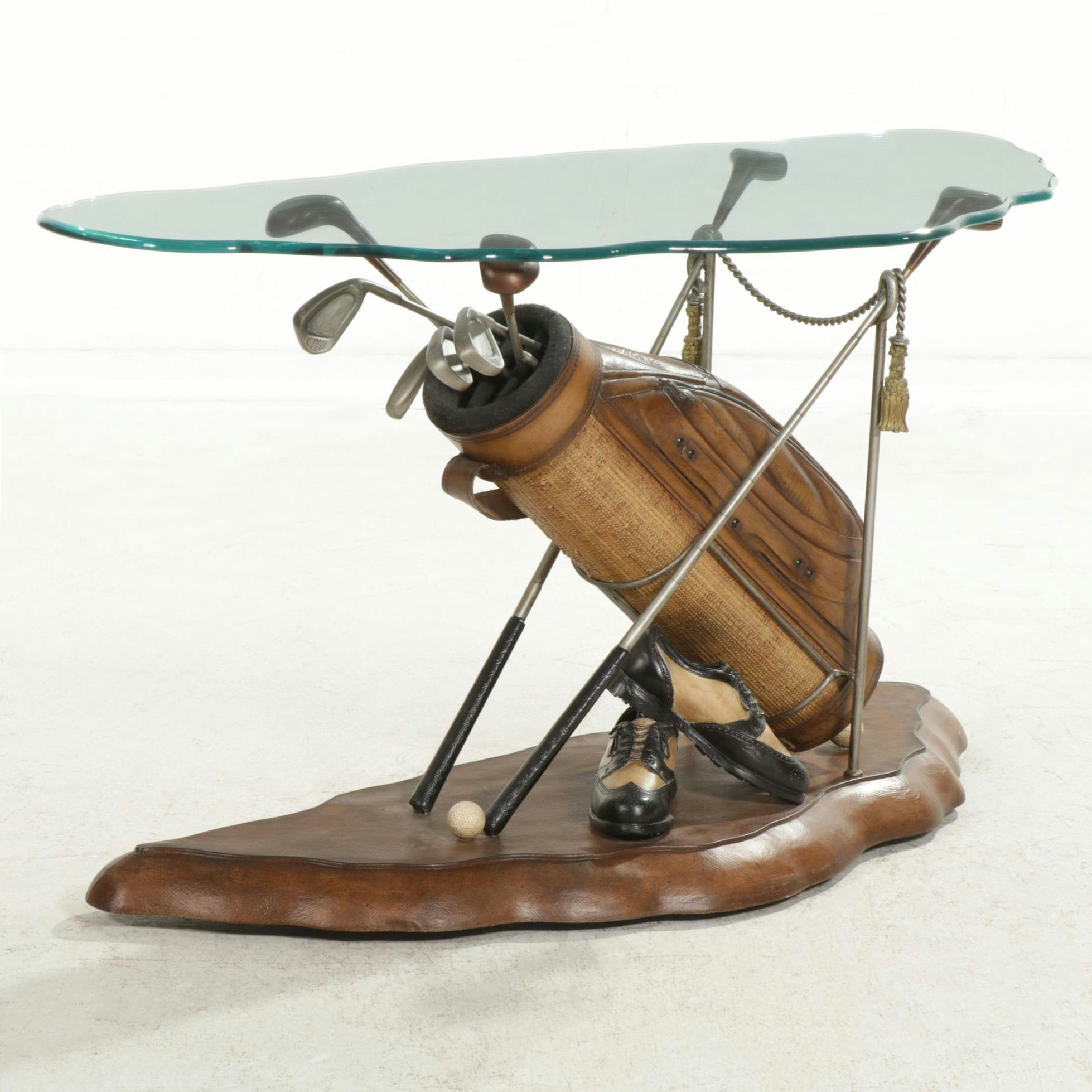 Golf-Themed Glass-Top Side Table with Golf Clubs and Balls