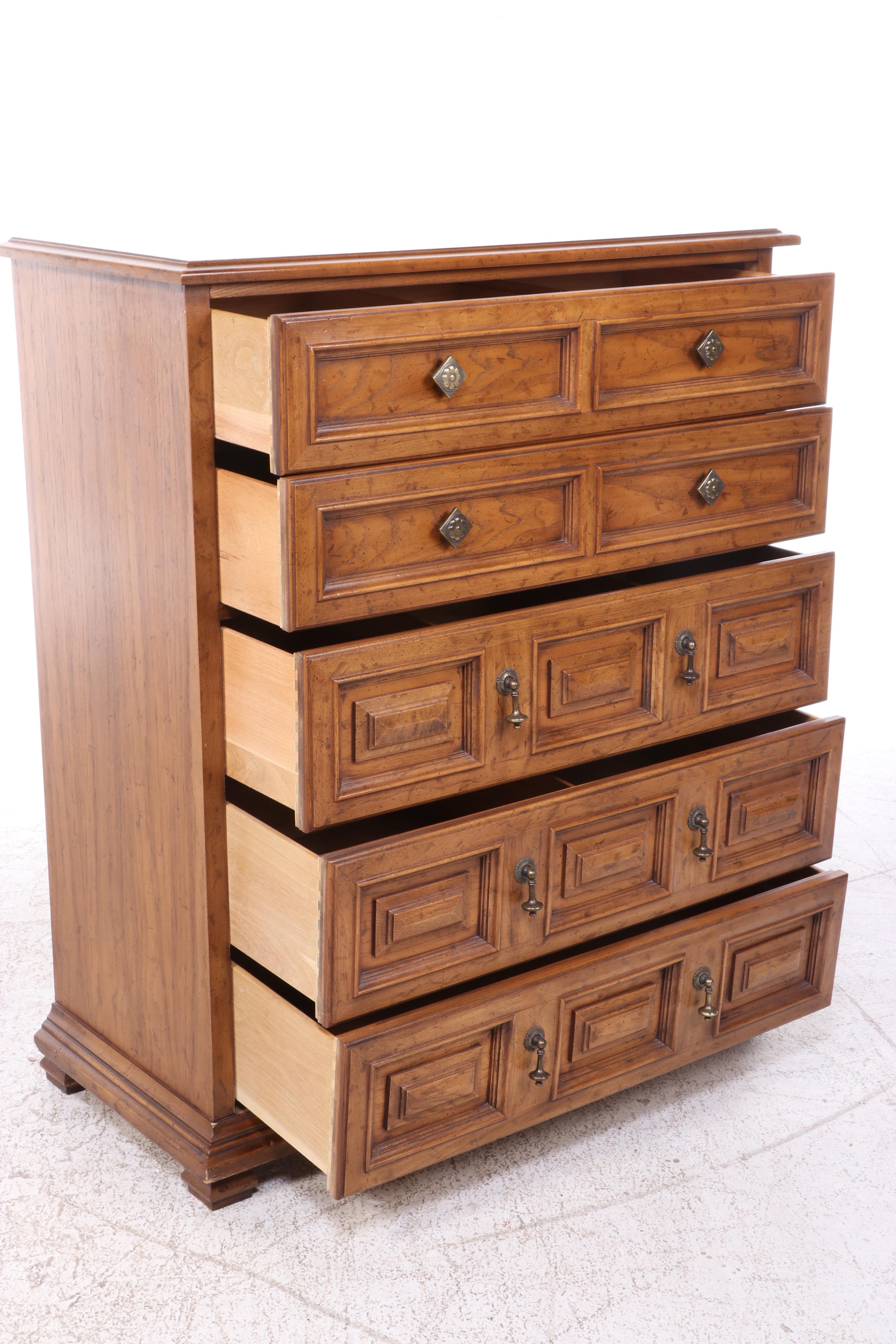Drexel "Esperanto" Mediterranean Style Pecan Five-Drawer Chest, Mid-20th Century