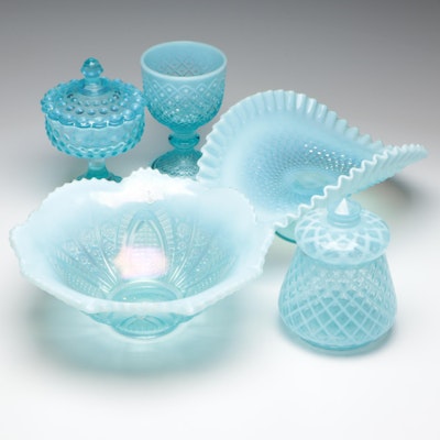 Fenton Turquoise Glass Bowls, Goblet, Compote, and Jar