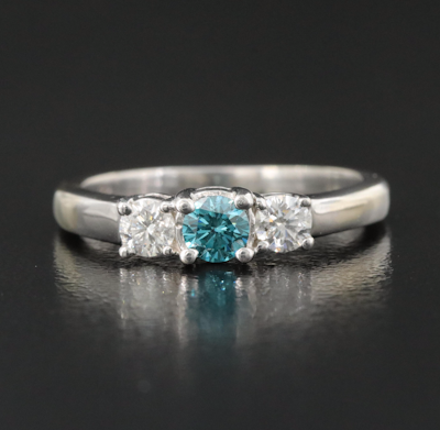 14K 0.50 CTW Diamond Three Stone Ring with Lab Grown Fancy Blue Center