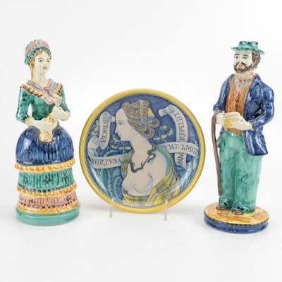 Deruta Italian Hand-Painted Decorative Plate with Figural Candle Holders