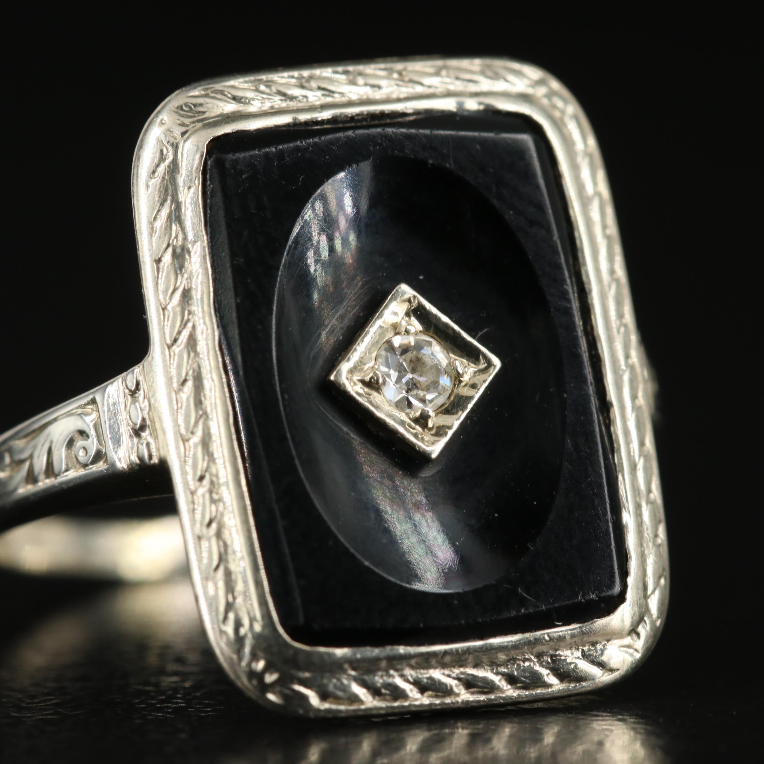 Vintage 18K Black Onyx and Diamond Ring