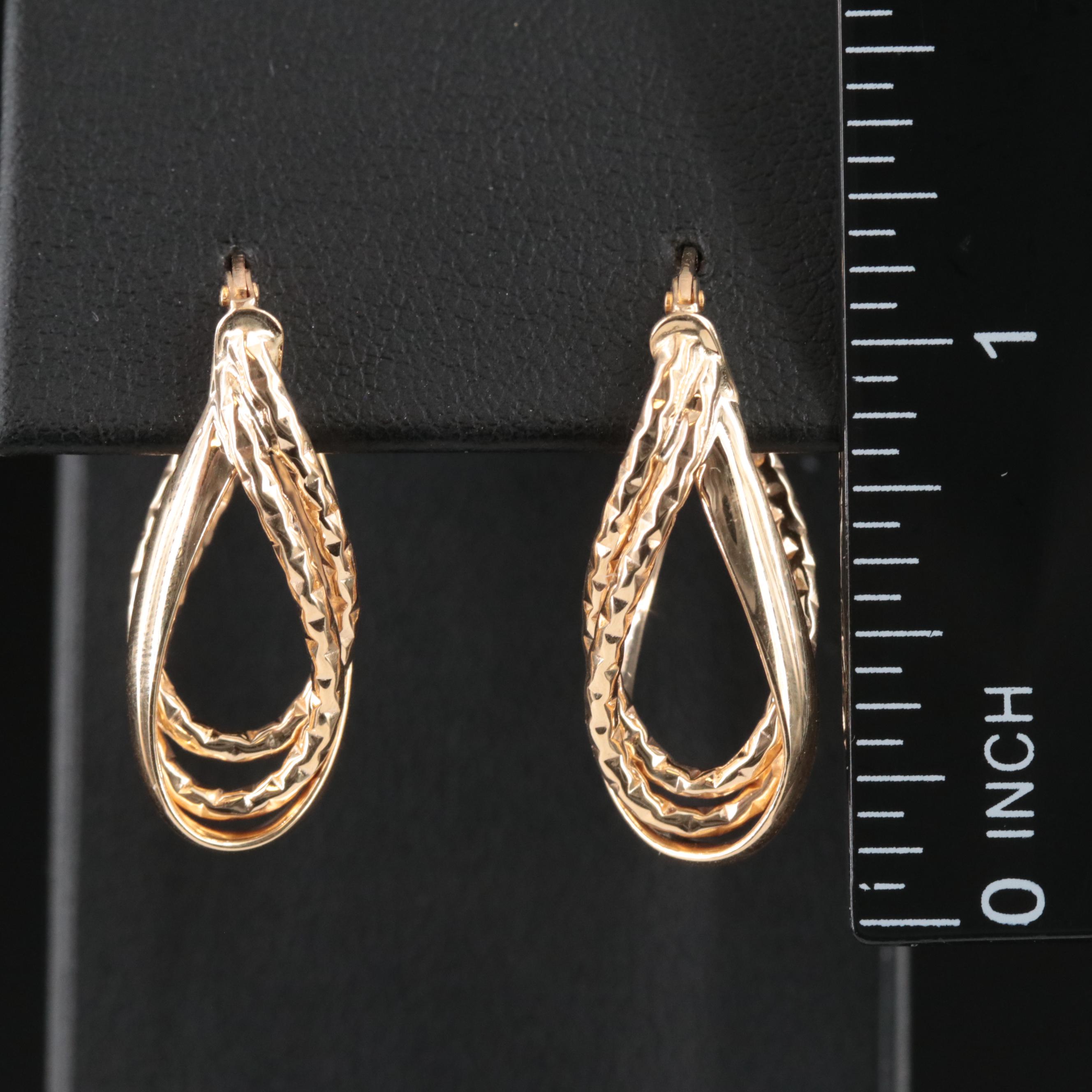14K Fancy Hoop Earrings with Diamond-Cut Finish Accents