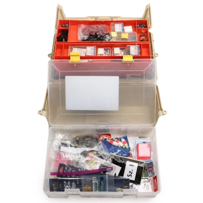 Snelled Hooks, Lures, Spinners, Weights, and Other Fishing Tackle in Tackle Box