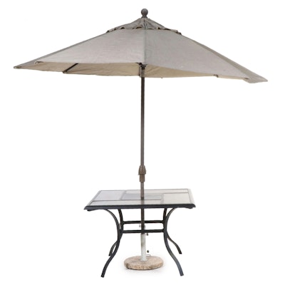 Cast Metal and Enameled Patio Dining Table With Sunbrella Umbrella & Weight