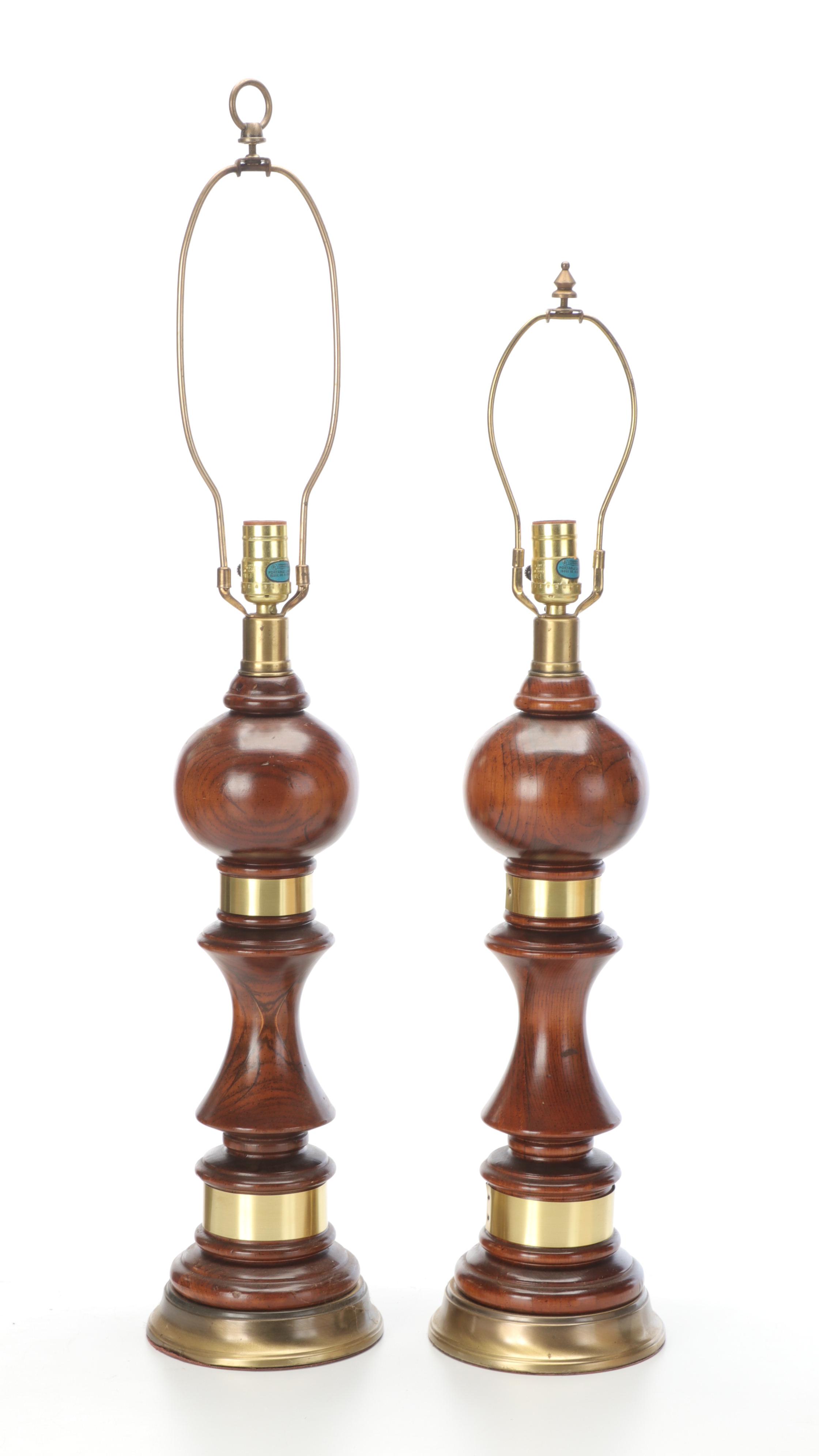 Turned Oak Wood and Brass Table Lamp Pair, Mid-20th Century