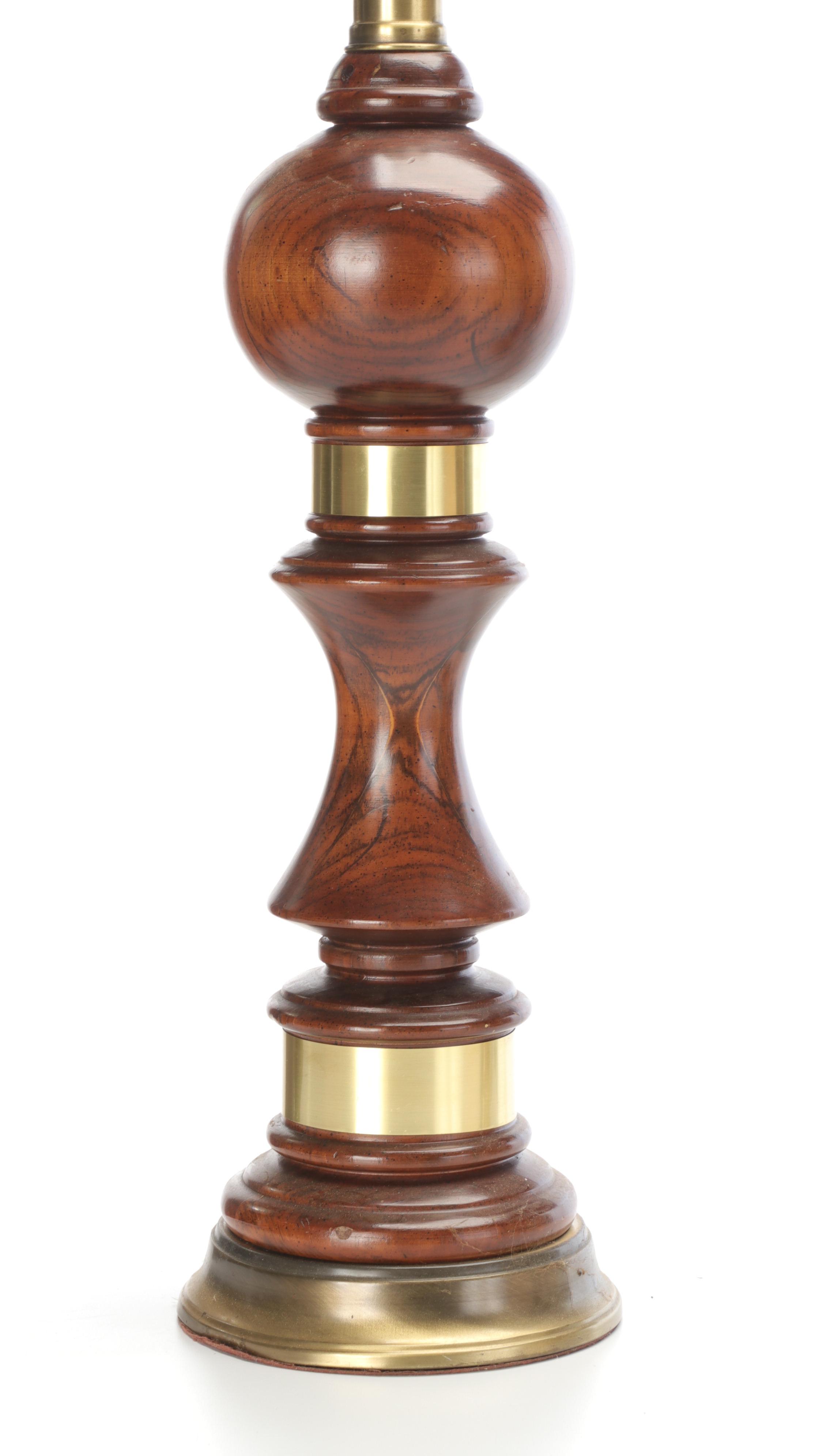 Turned Oak Wood and Brass Table Lamp Pair, Mid-20th Century