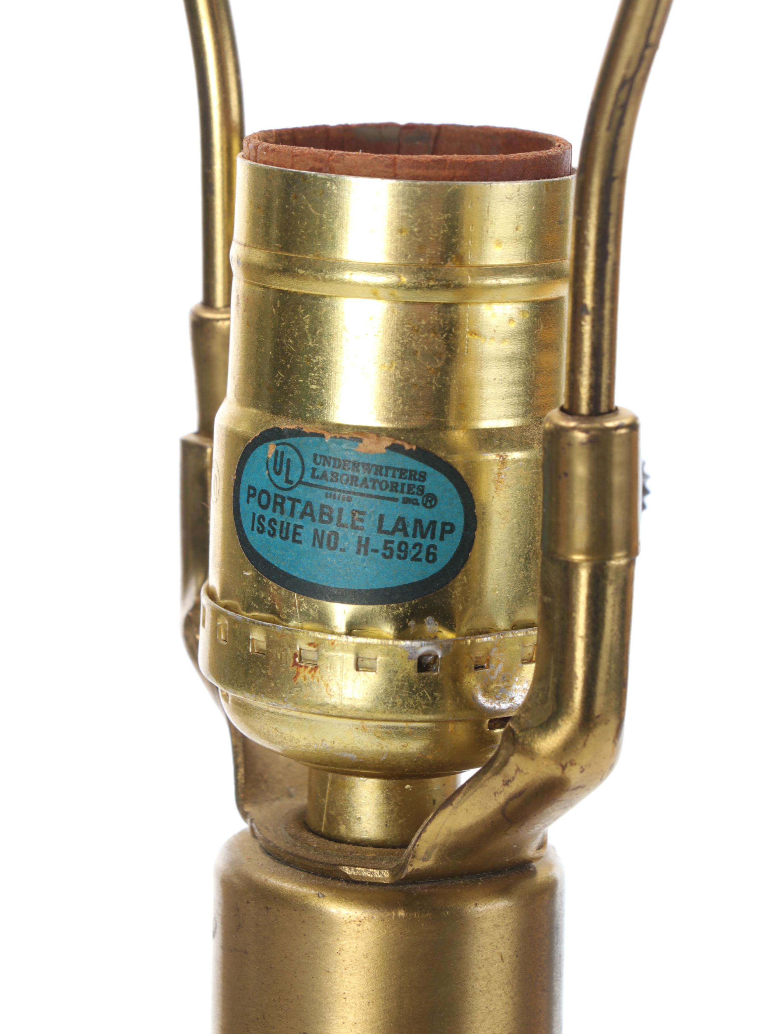 Turned Oak Wood and Brass Table Lamp Pair, Mid-20th Century