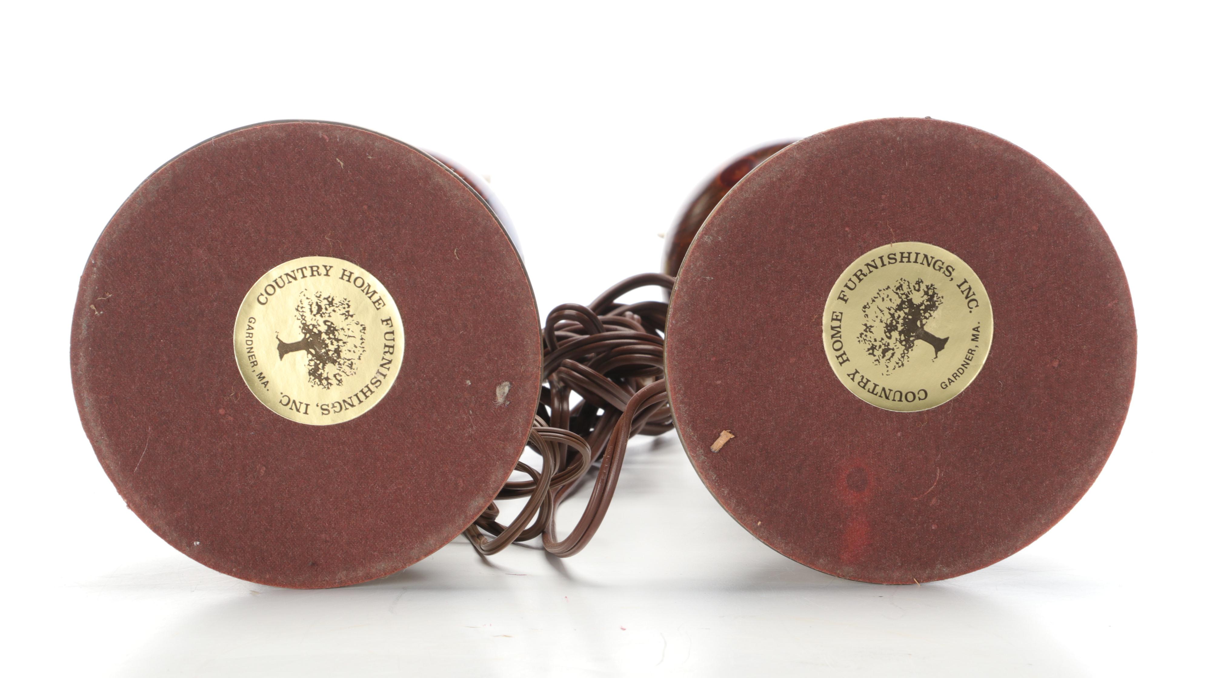 Turned Oak Wood and Brass Table Lamp Pair, Mid-20th Century