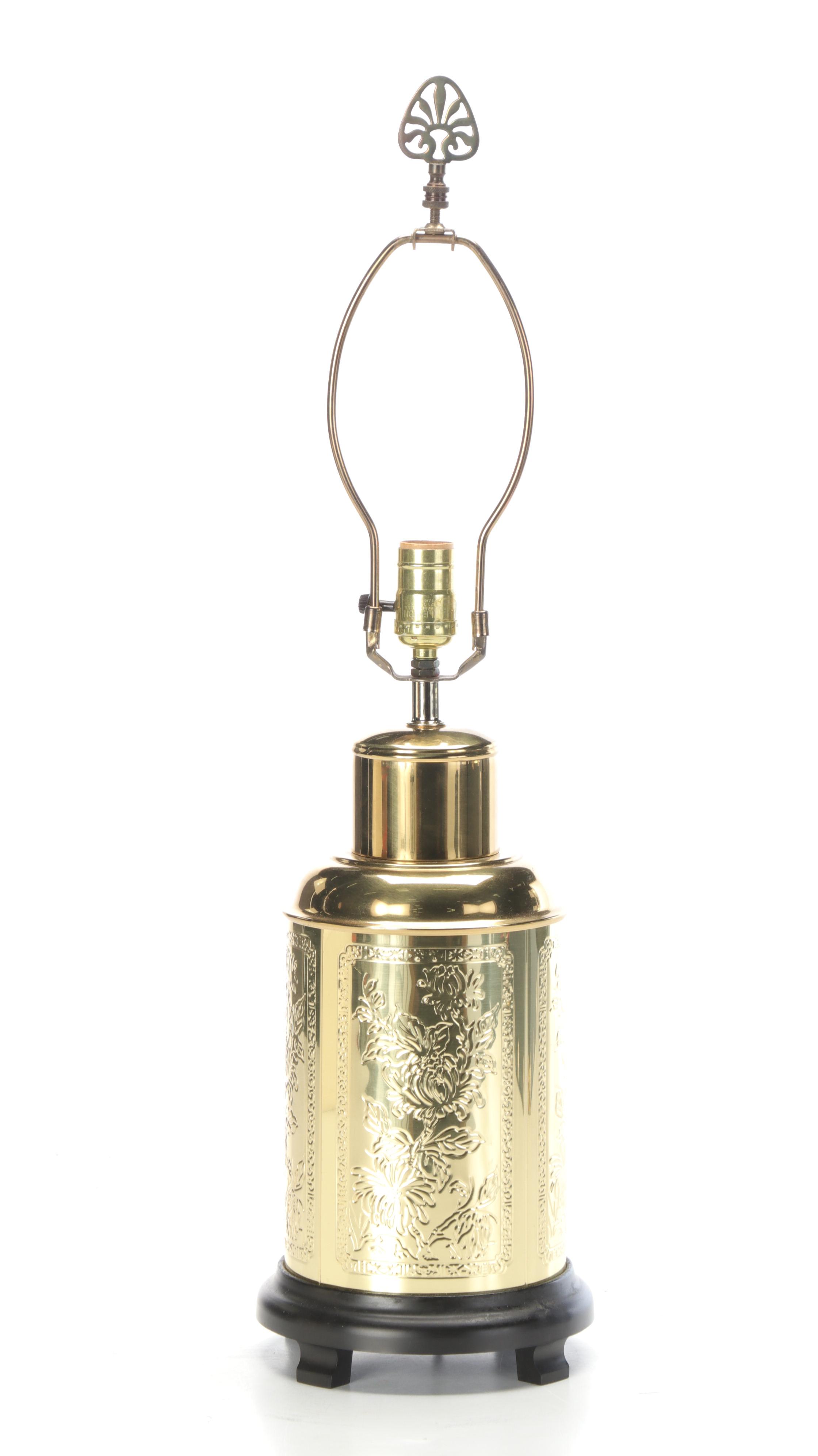 Embossed Brass Lamp with Peony Panel Motif and Square Trunk