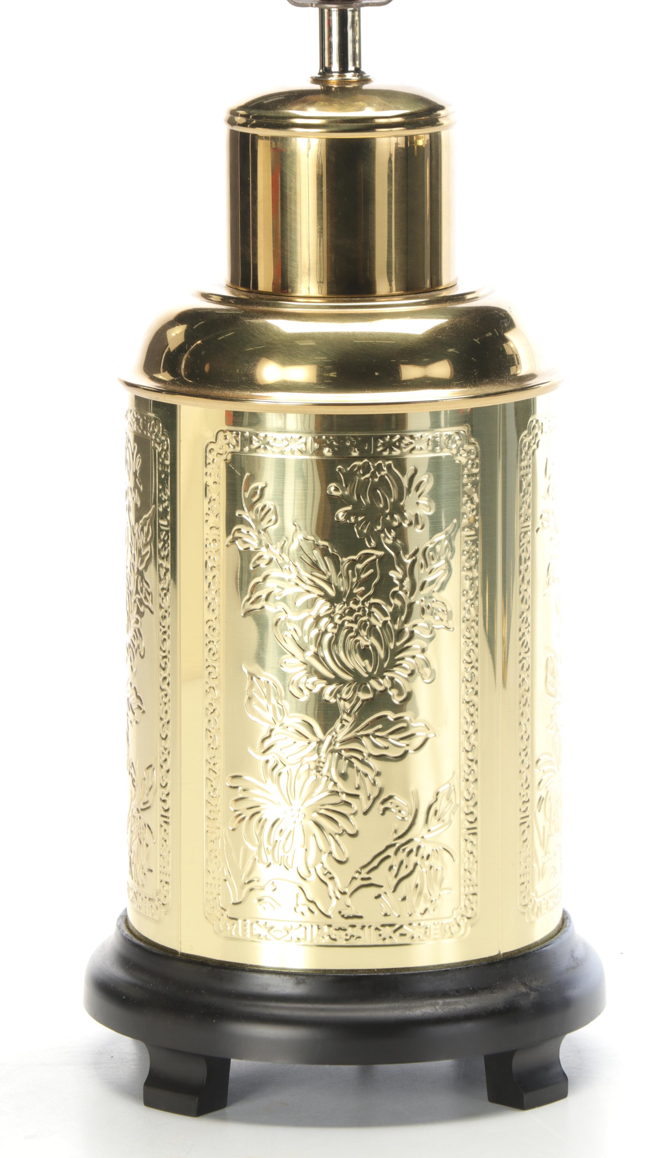 Embossed Brass Lamp with Peony Panel Motif and Square Trunk
