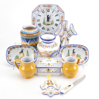Henriot Quimper and Italian Hand-Painted Ceramics Including Clock and Vase