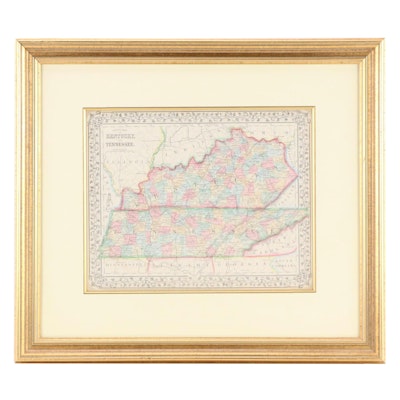 Hand-Colored Steel Engraving Map "County Map of Kentucky and Tennessee," 1867