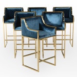 Hollywood Regency Style Brass and Blue Velveteen Upholstered Stools