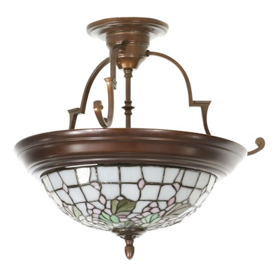 Art Nouveau Style Bronzed Metal and Slag Glass Ceiling Light