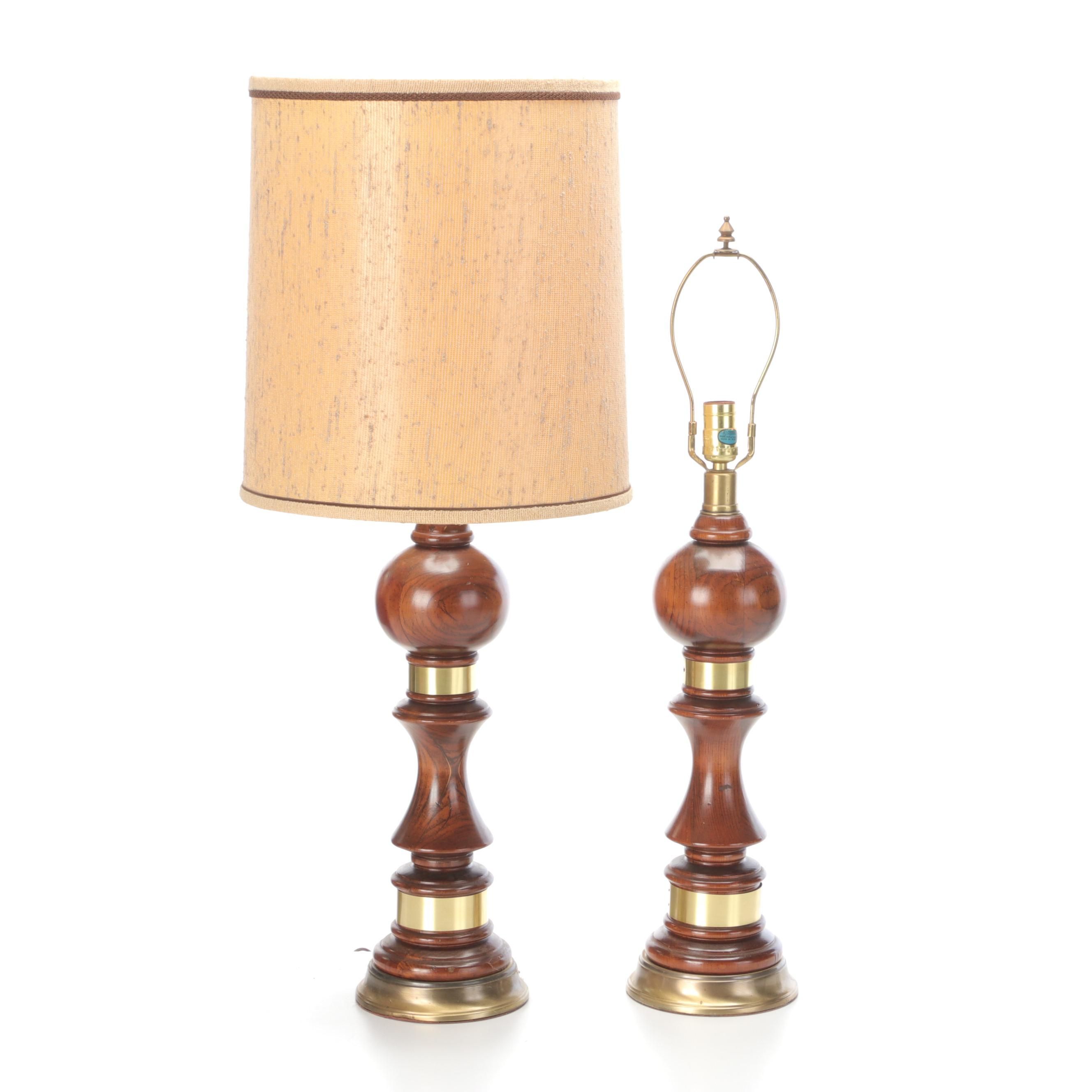 Turned Oak Wood and Brass Table Lamp Pair, Mid-20th Century