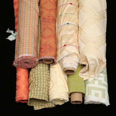 Coral, Olive Green and Cream Colored Designer Upholstery Fabric Bolts