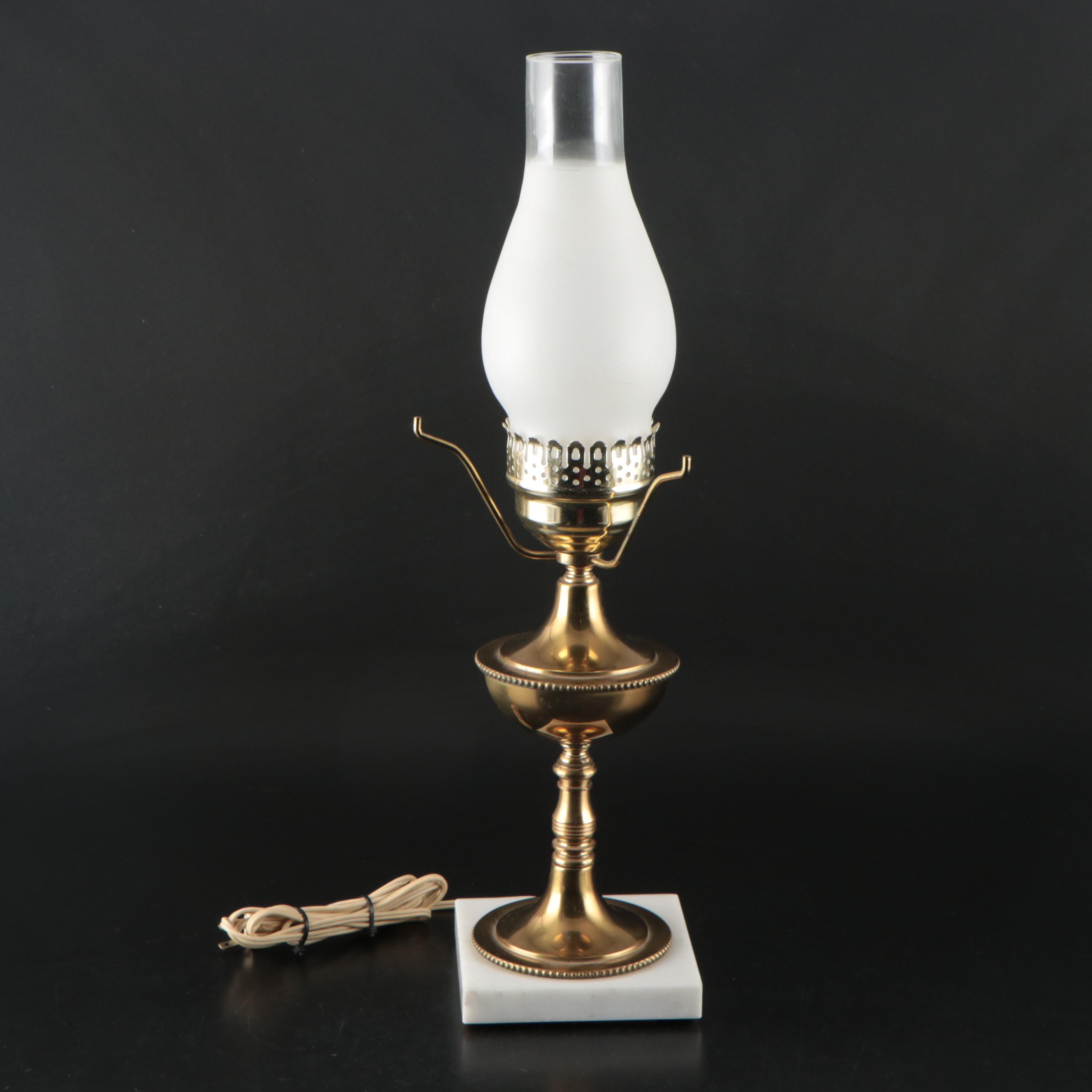 Fenton Opalescent Hand-Painted Trellis Diamond Optic Student Lamp, Mid-20th C.