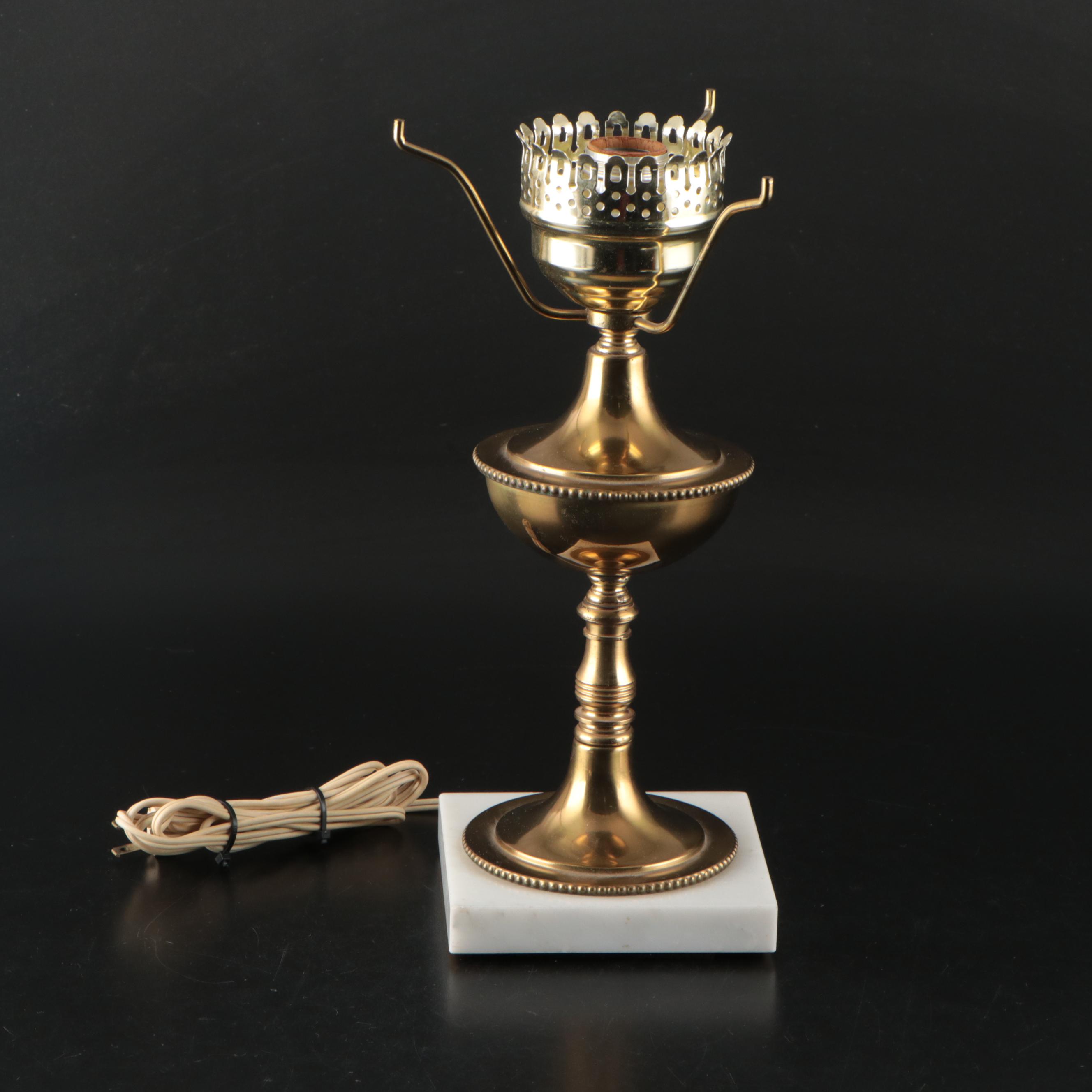 Fenton Opalescent Hand-Painted Trellis Diamond Optic Student Lamp, Mid-20th C.