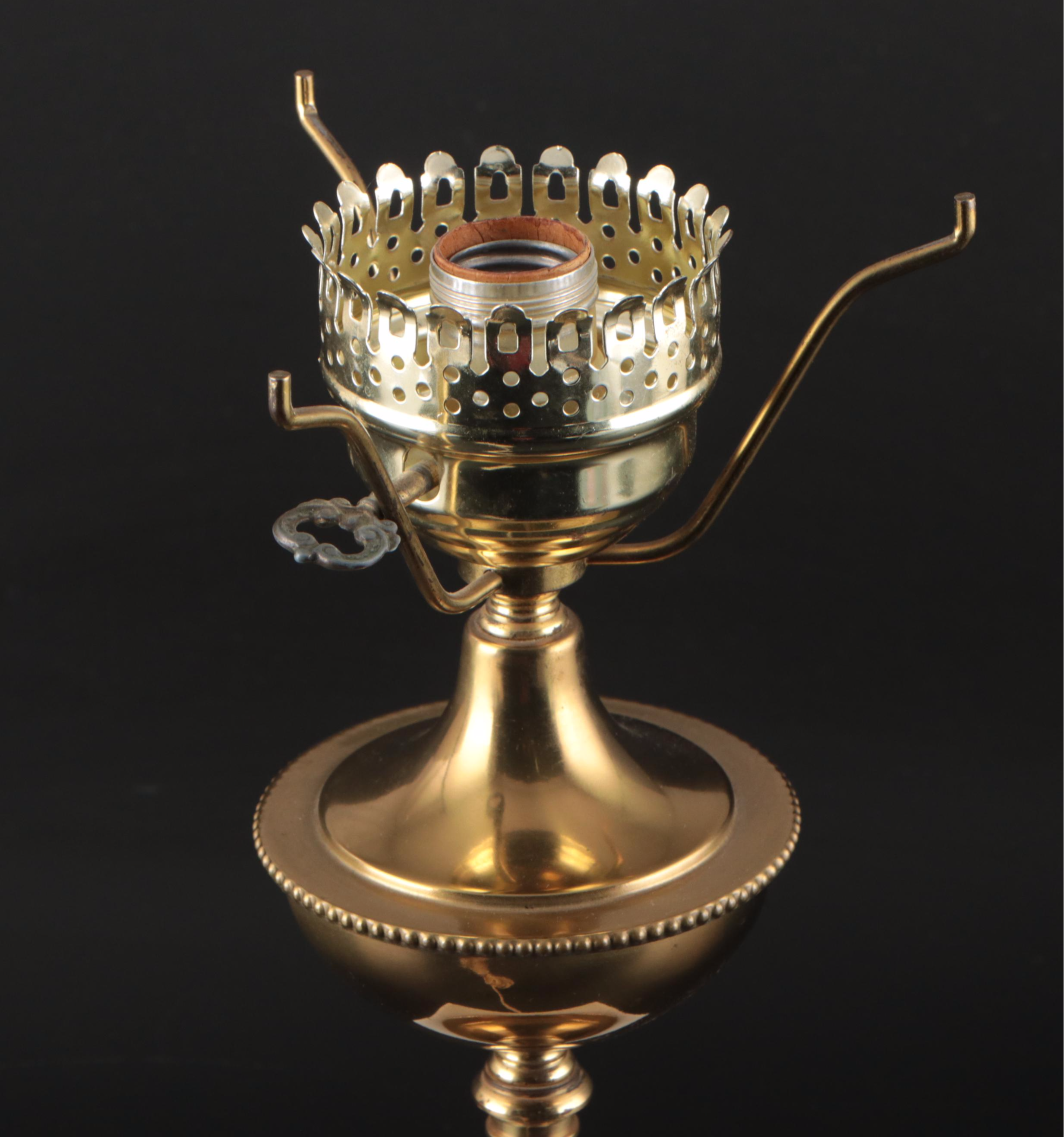 Fenton Opalescent Hand-Painted Trellis Diamond Optic Student Lamp, Mid-20th C.