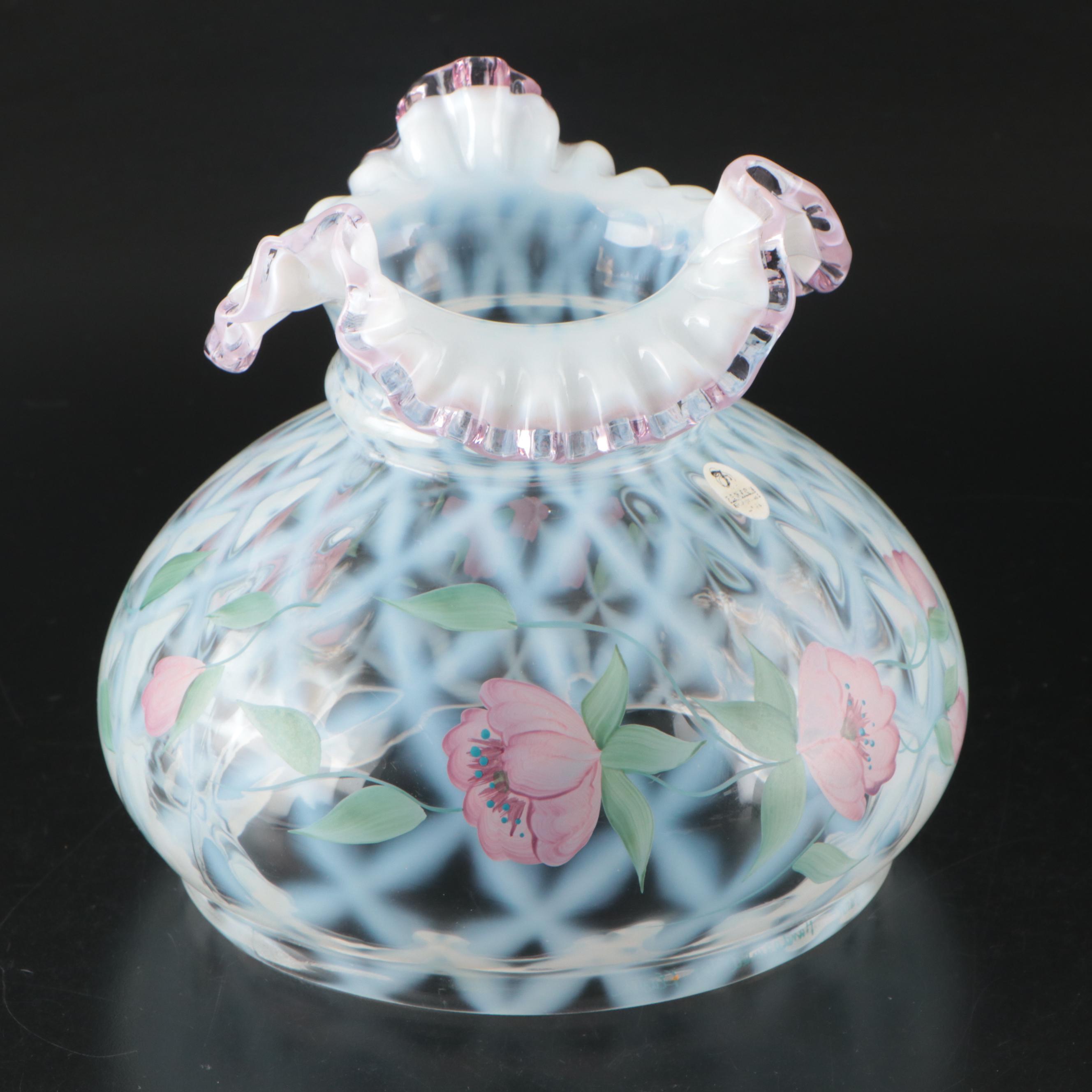 Fenton Opalescent Hand-Painted Trellis Diamond Optic Student Lamp, Mid-20th C.