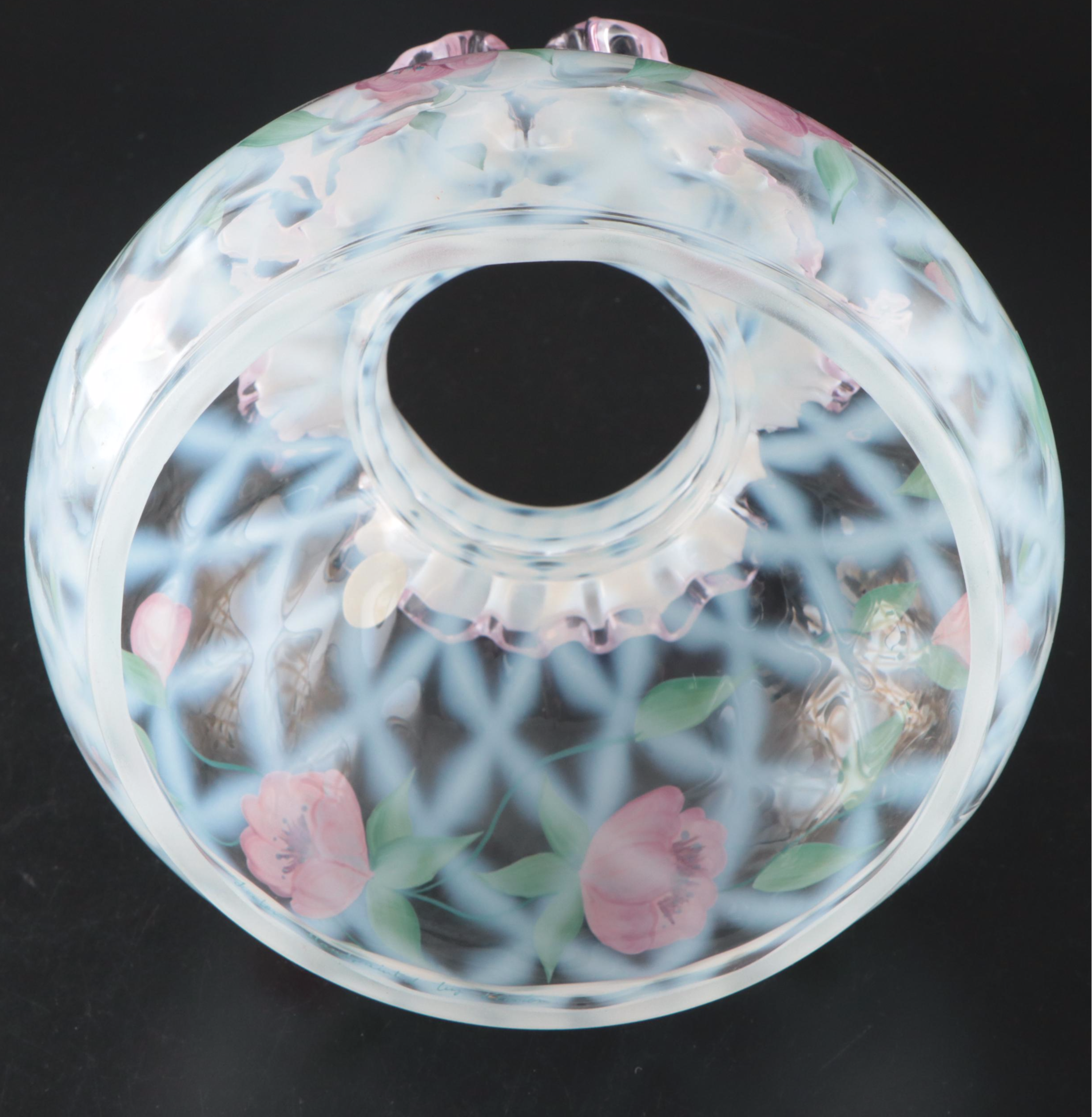 Fenton Opalescent Hand-Painted Trellis Diamond Optic Student Lamp, Mid-20th C.