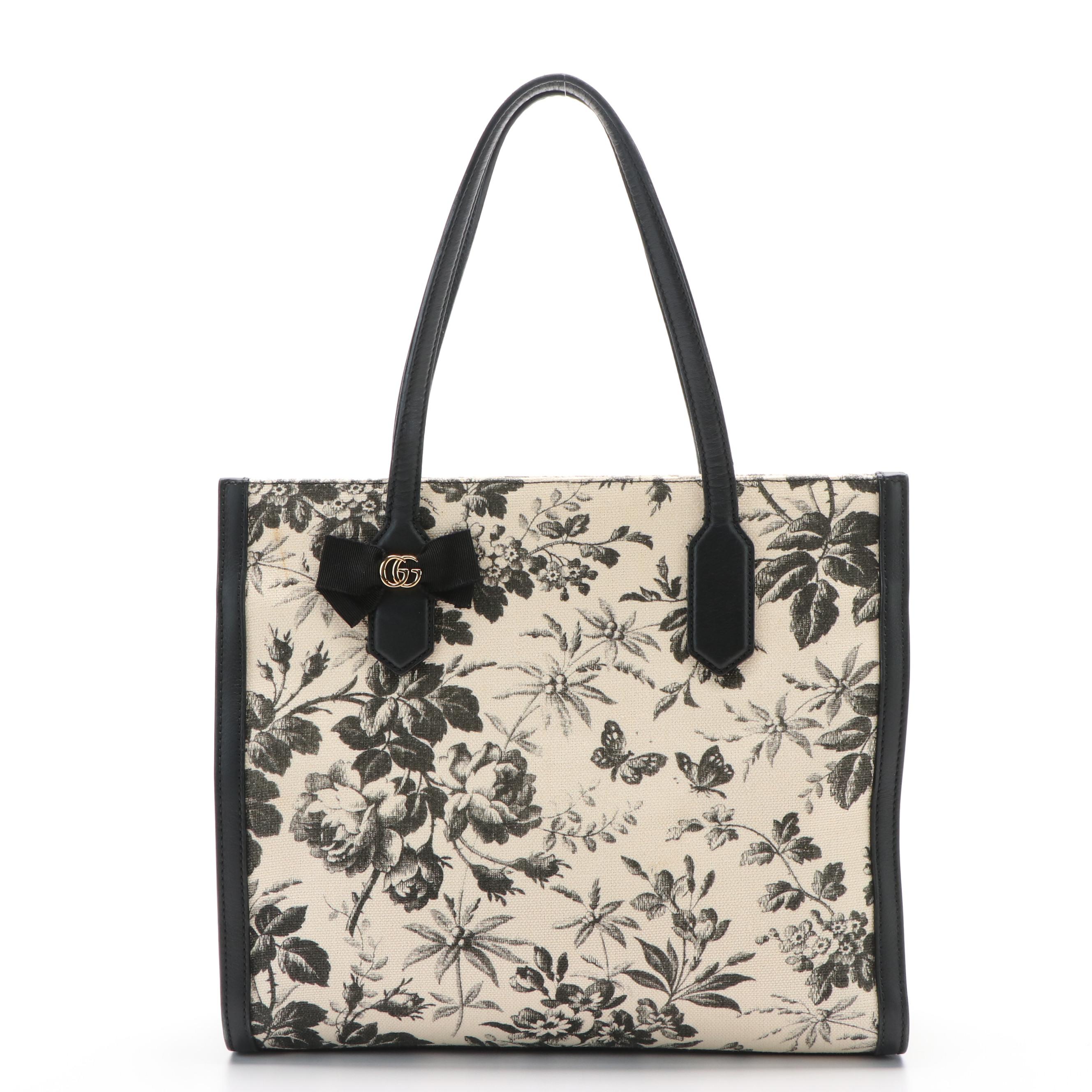 Gucci Japan Exclusive Ribbon Tote Bag in Leather Trimmed Printed Canvas