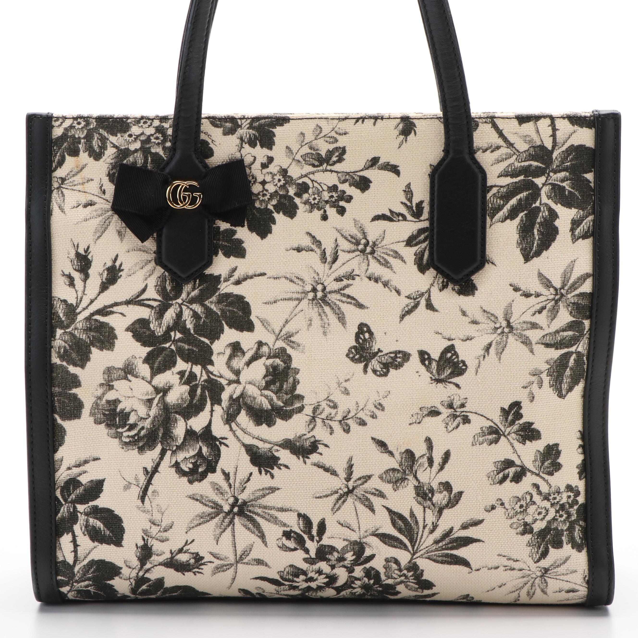 Gucci Japan Exclusive Ribbon Tote Bag in Leather Trimmed Printed Canvas