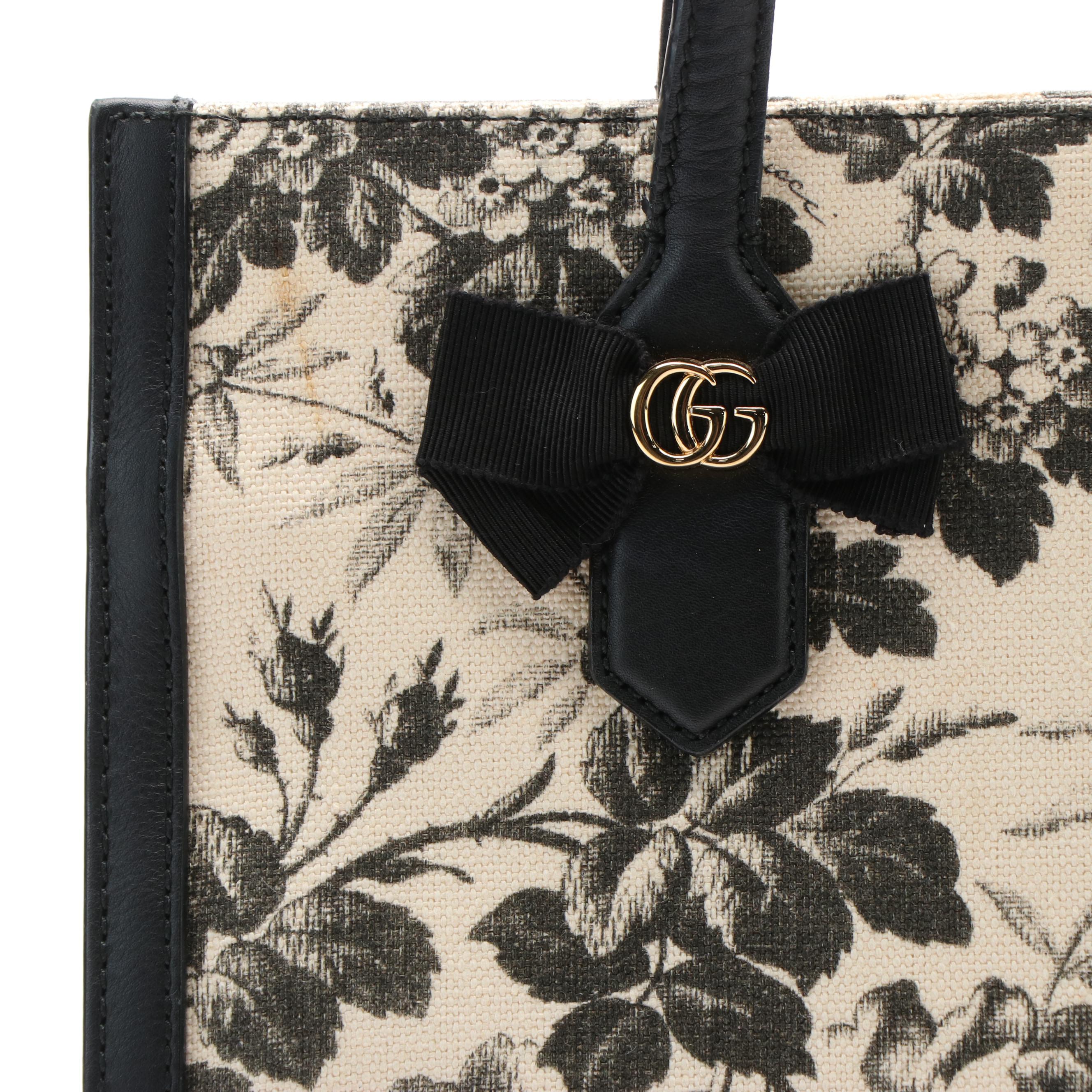Gucci Japan Exclusive Ribbon Tote Bag in Leather Trimmed Printed Canvas