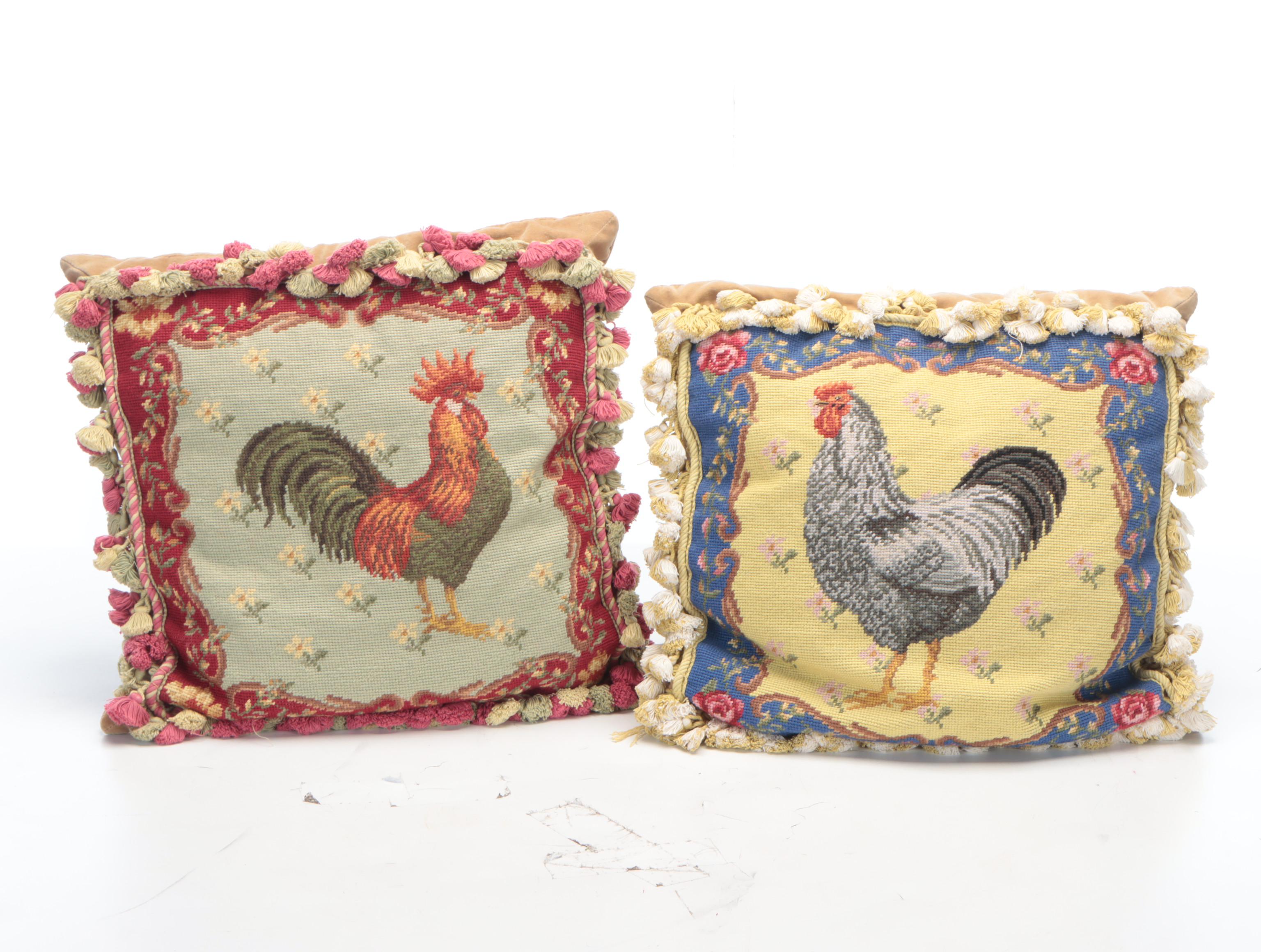 Handmade Needlepoint Accent Pillows with Rooster and Chicken Motifs