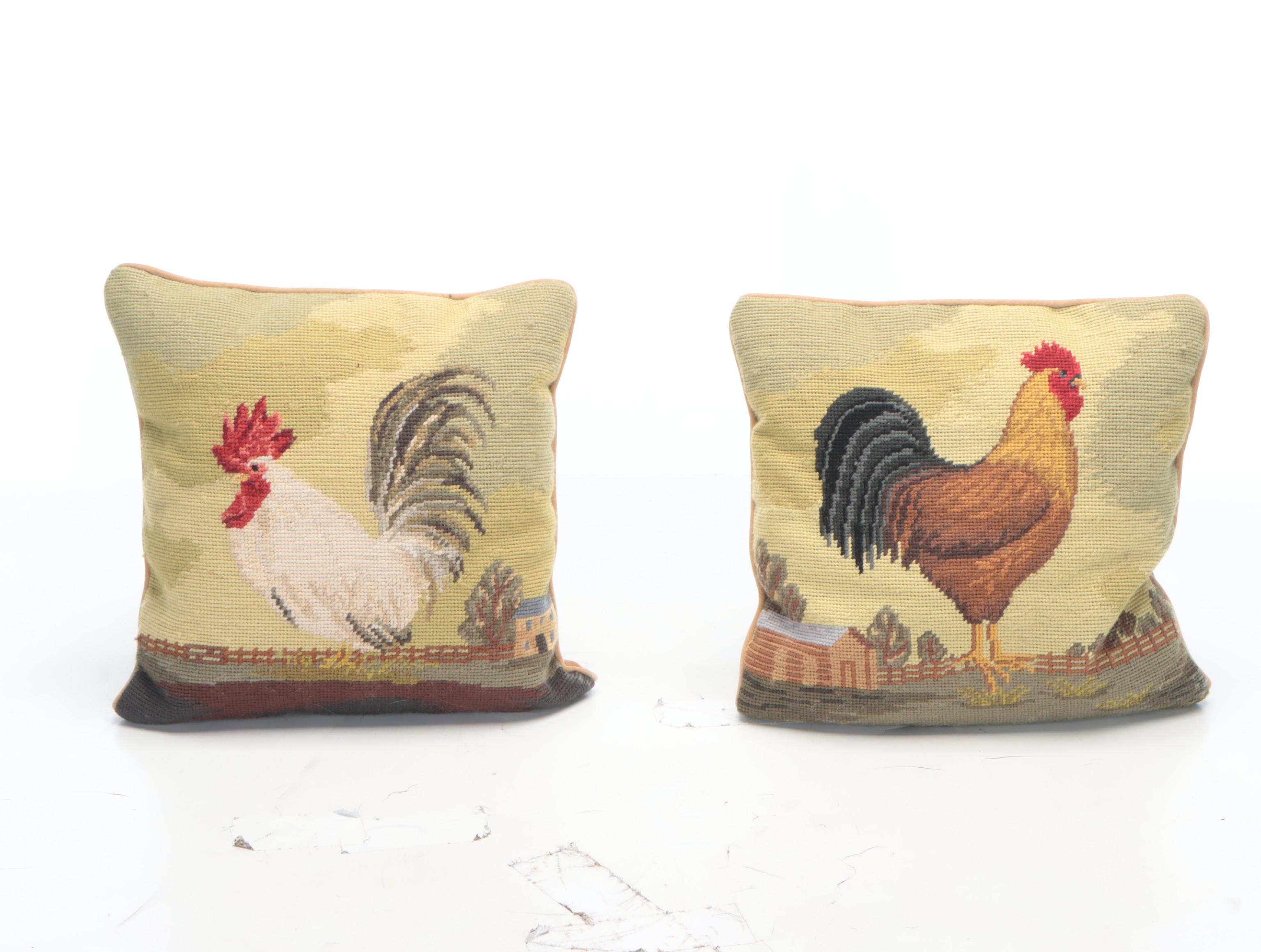 Handmade Needlepoint Accent Pillows with Rooster and Chicken Motifs