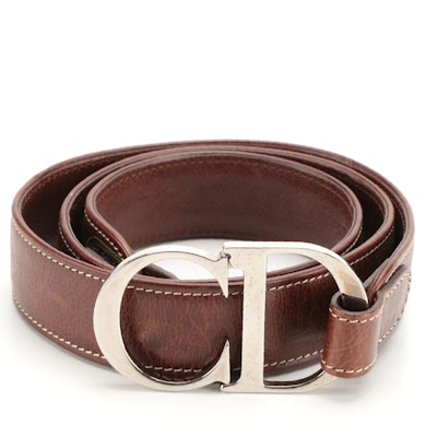 Christian Dior Floral Embroidered Brown Leather Belt