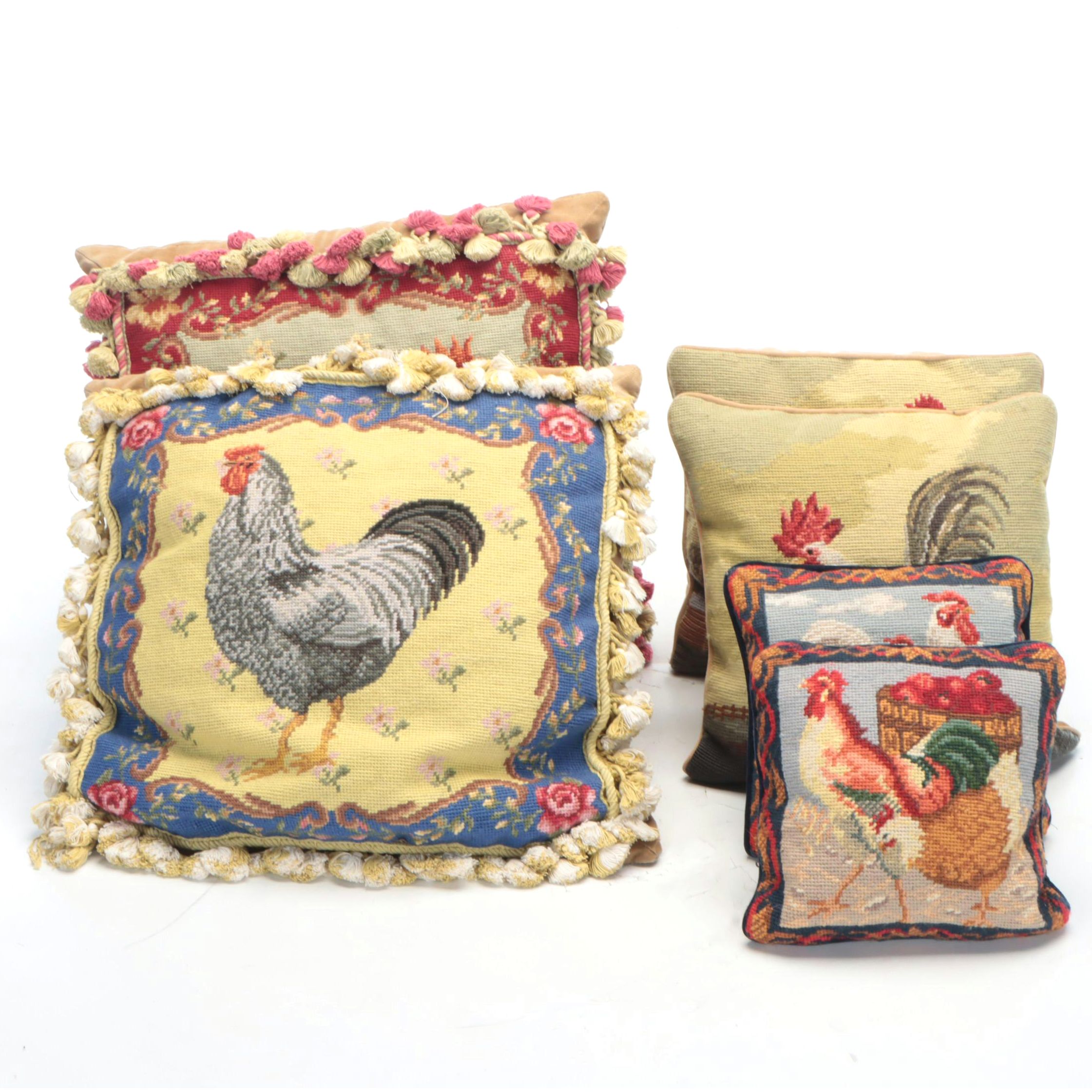 Handmade Needlepoint Accent Pillows with Rooster and Chicken Motifs