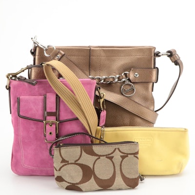 Coach Copper Leather Crossbody Bag, Pink Suede Shoulder Bag and Zip Pouches