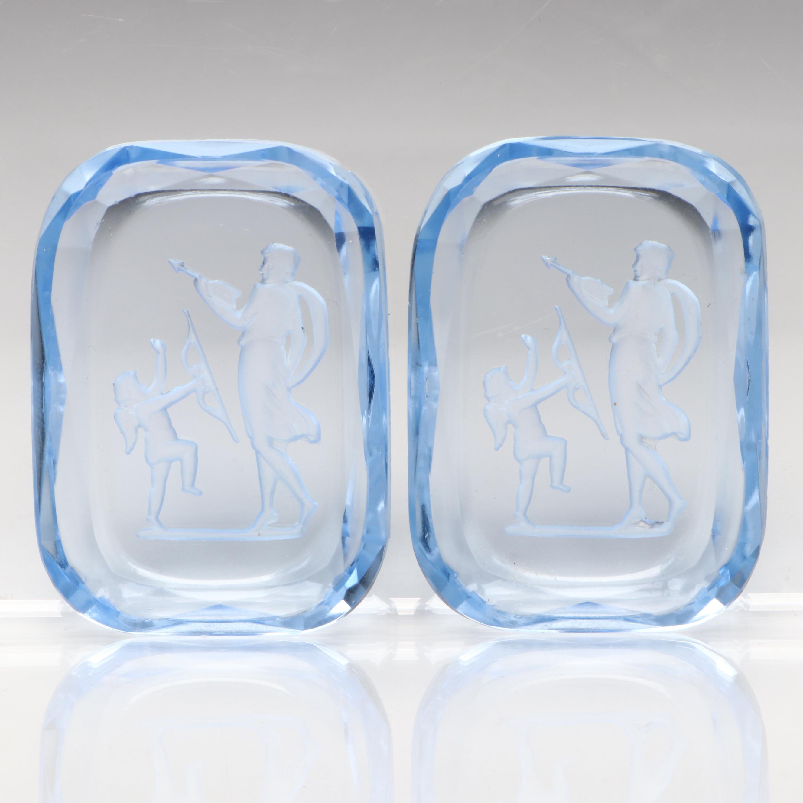 Czechoslovakian Blue Intaglio Glass Nut Dishes or Open Salt Cellars