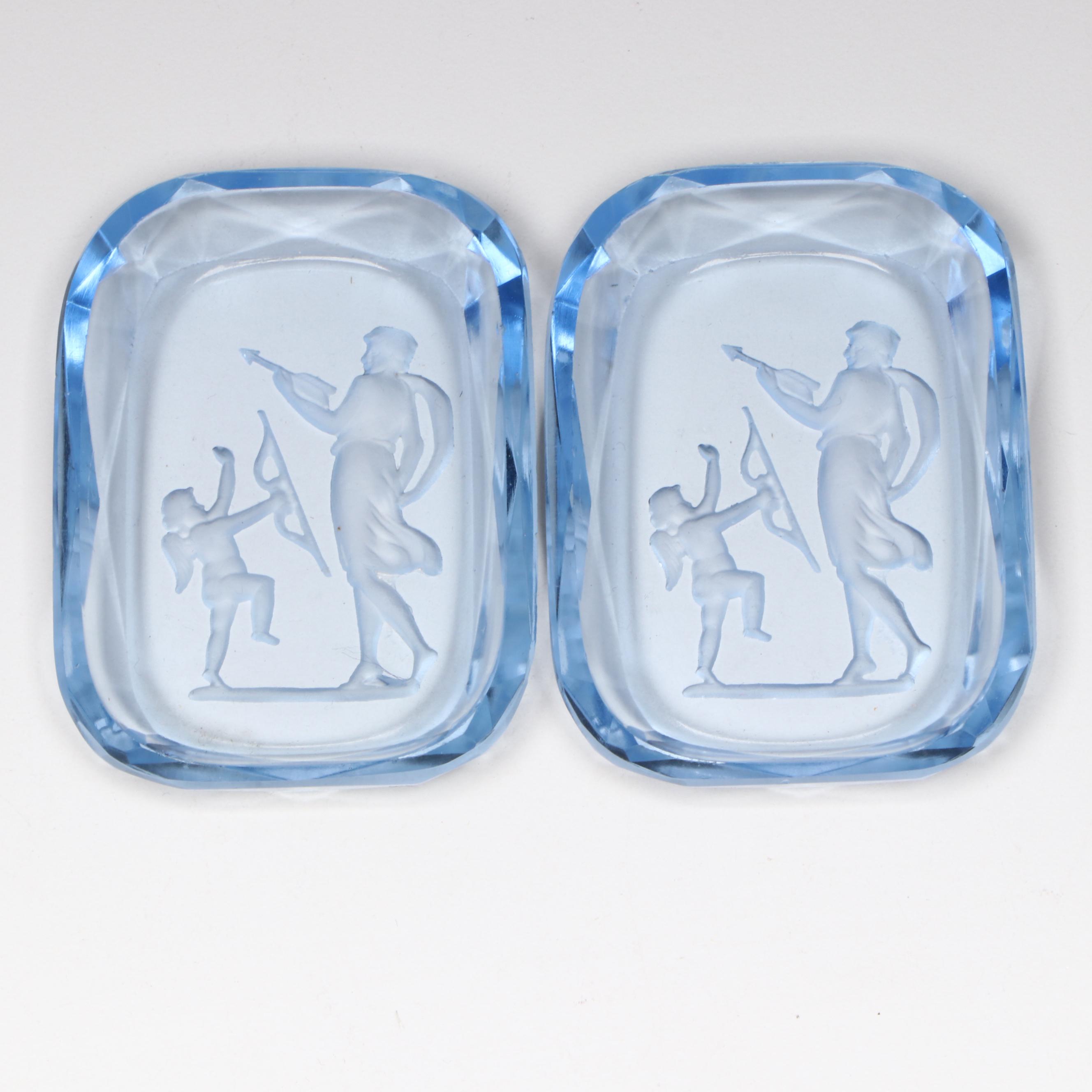 Czechoslovakian Blue Intaglio Glass Nut Dishes or Open Salt Cellars