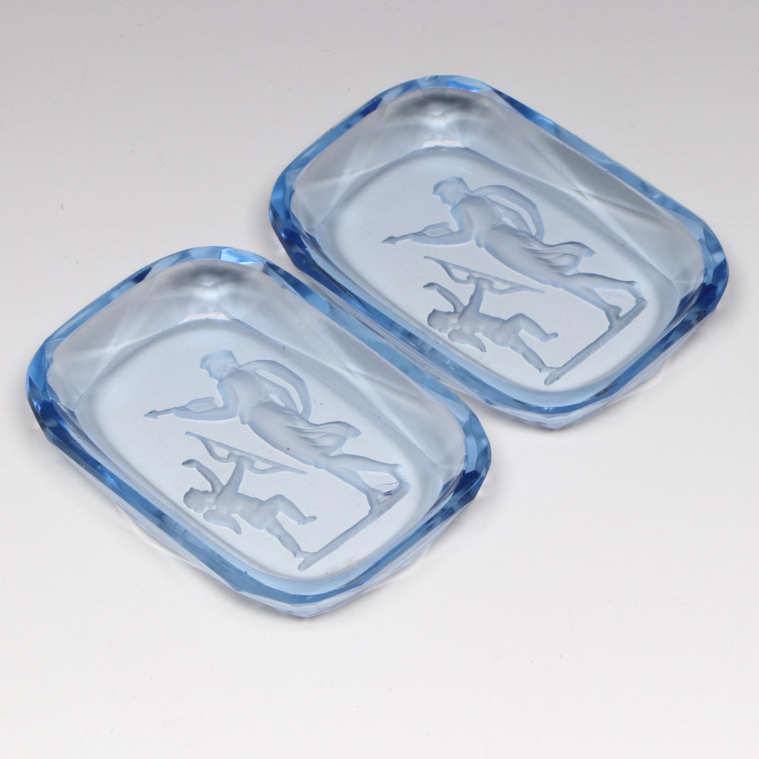 Czechoslovakian Blue Intaglio Glass Nut Dishes or Open Salt Cellars