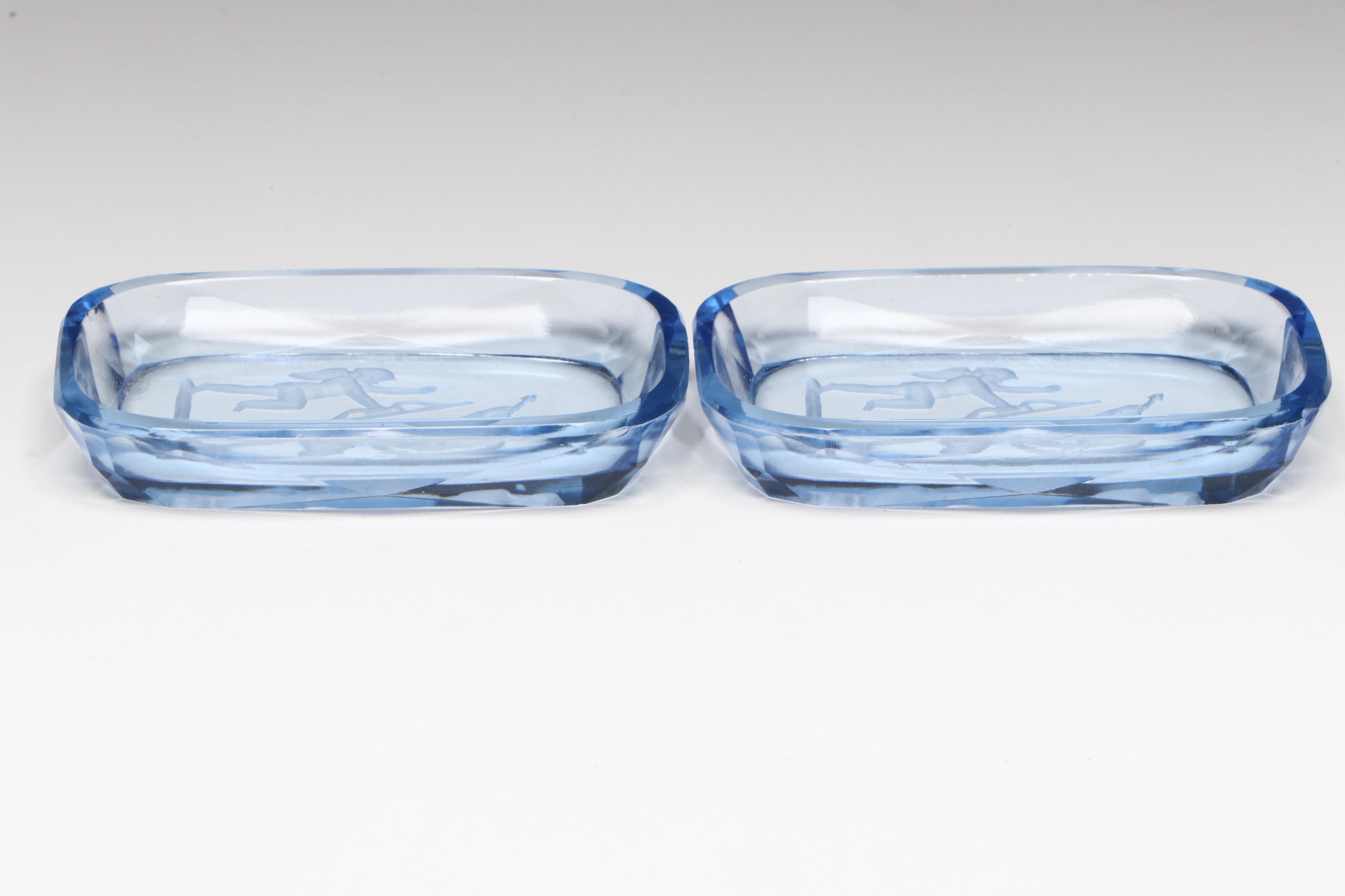 Czechoslovakian Blue Intaglio Glass Nut Dishes or Open Salt Cellars