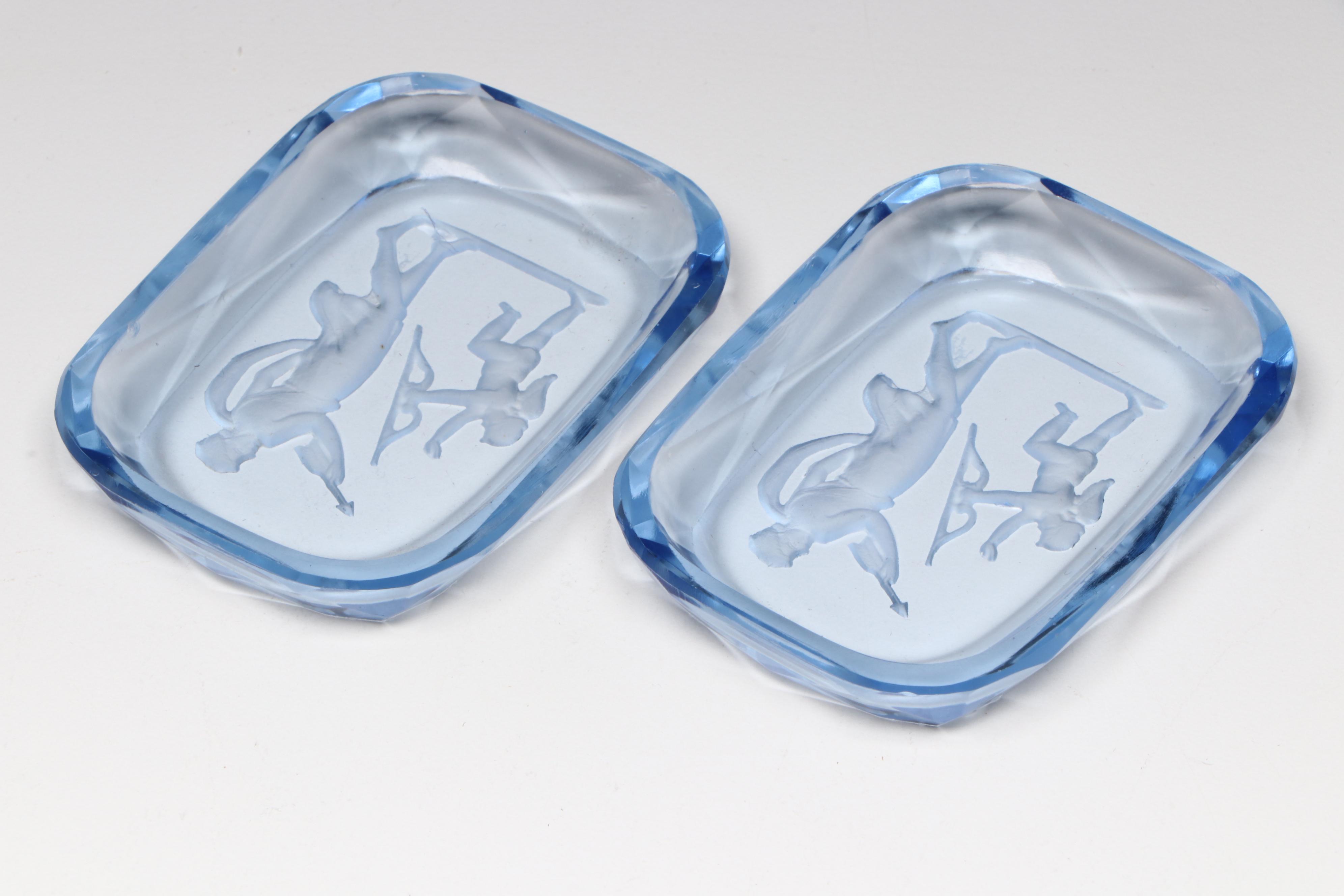 Czechoslovakian Blue Intaglio Glass Nut Dishes or Open Salt Cellars