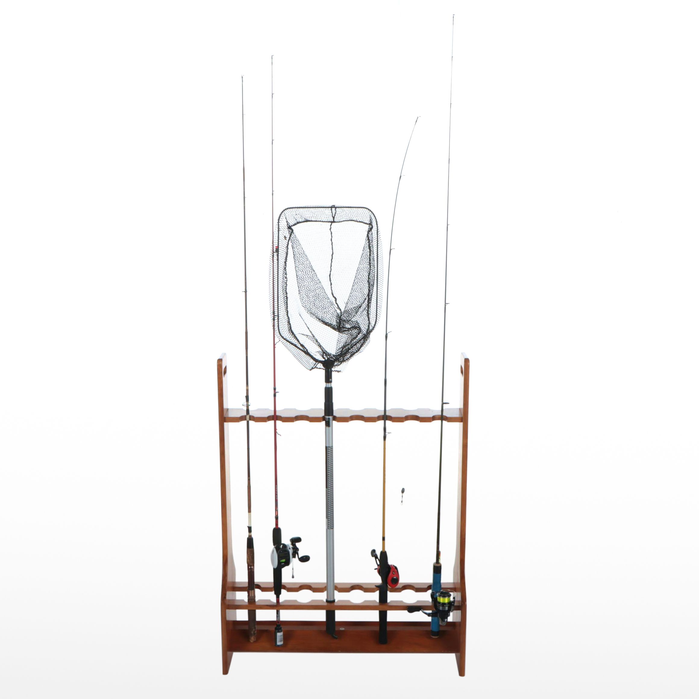 Abu Garcia Gen IKE EZ Cast and More Fishing Rods and Net in Wood Stand