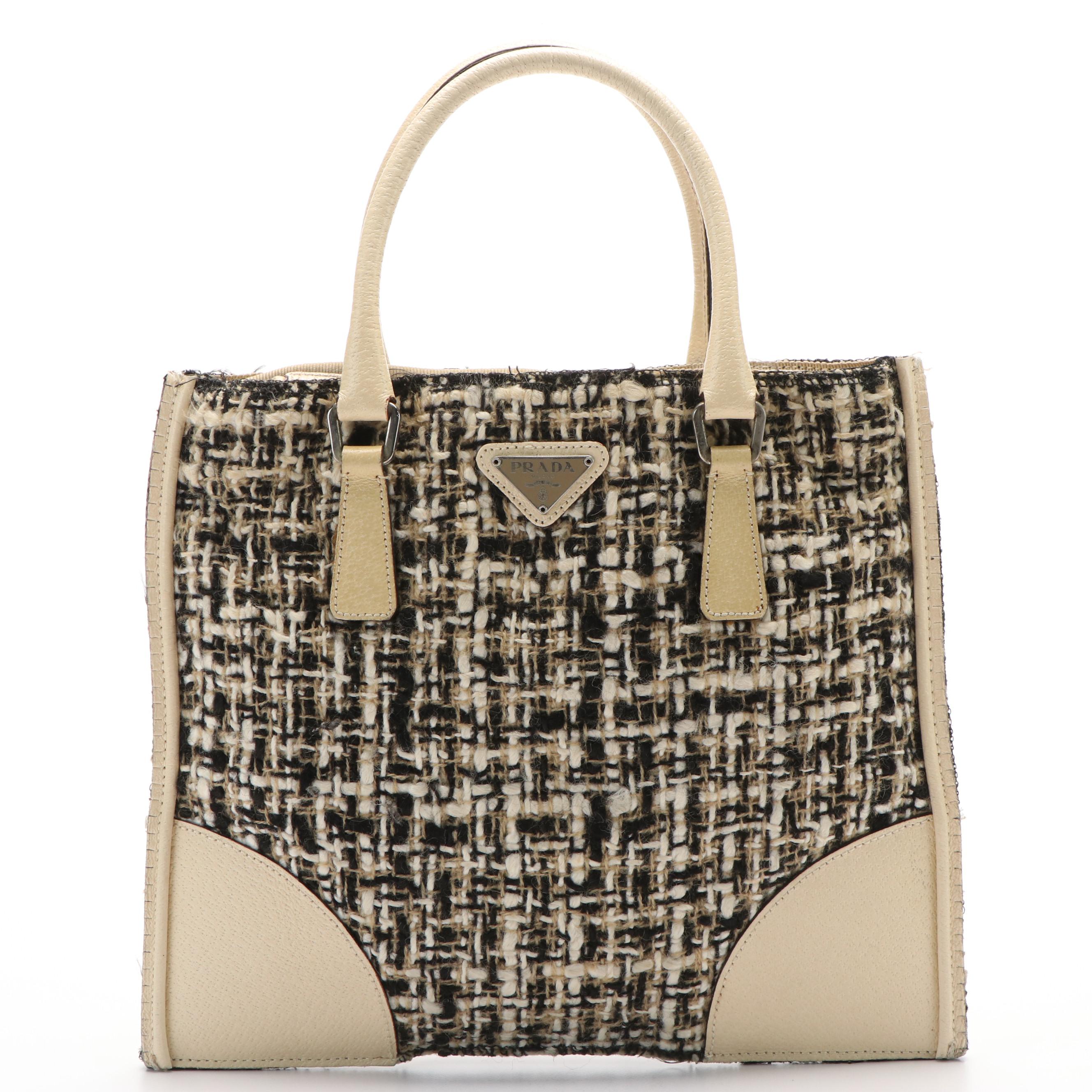 Prada Cinghiale Zippered Mini Tote in Tweed and Cream Leather